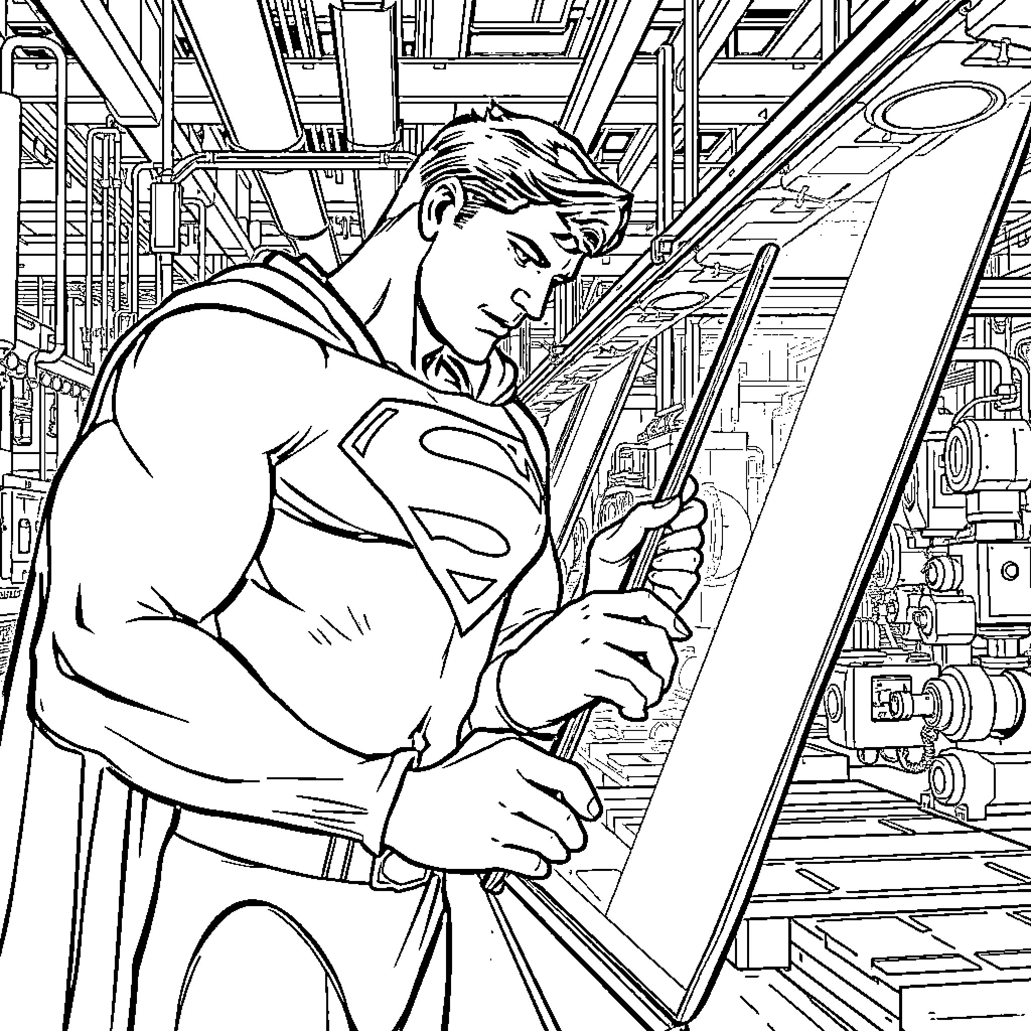 Superman creating heroic artwork in his secret lair Coloring Page (free black-and-white line drawing printable PDF for all, from beginners to advanced learners, including children, teens, adults, and seniors)