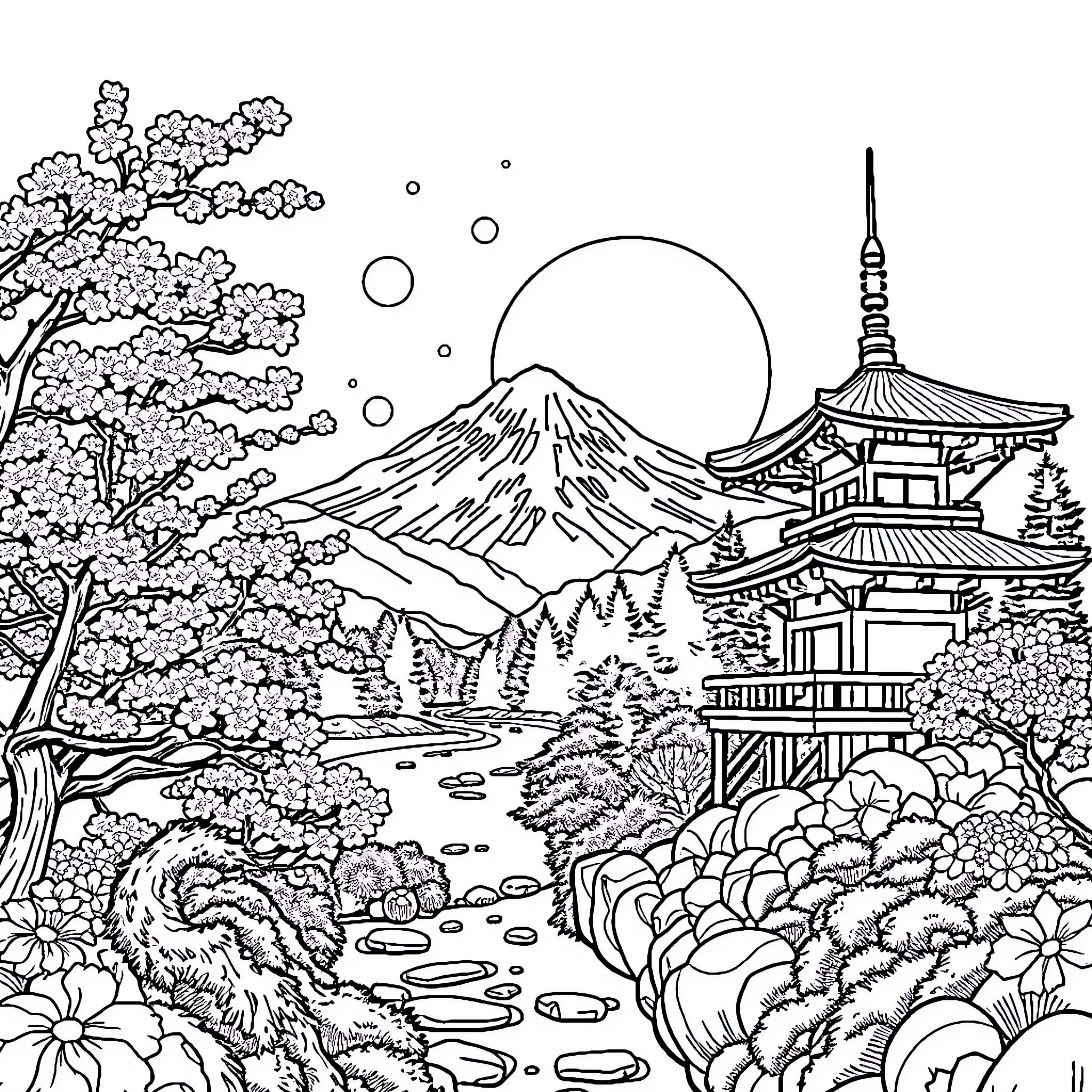 Bob Ross explores the serene Japanese landscape Coloring Page (free black-and-white line drawing printable PDF for all, from beginners to advanced learners, including children, teens, adults, and seniors)