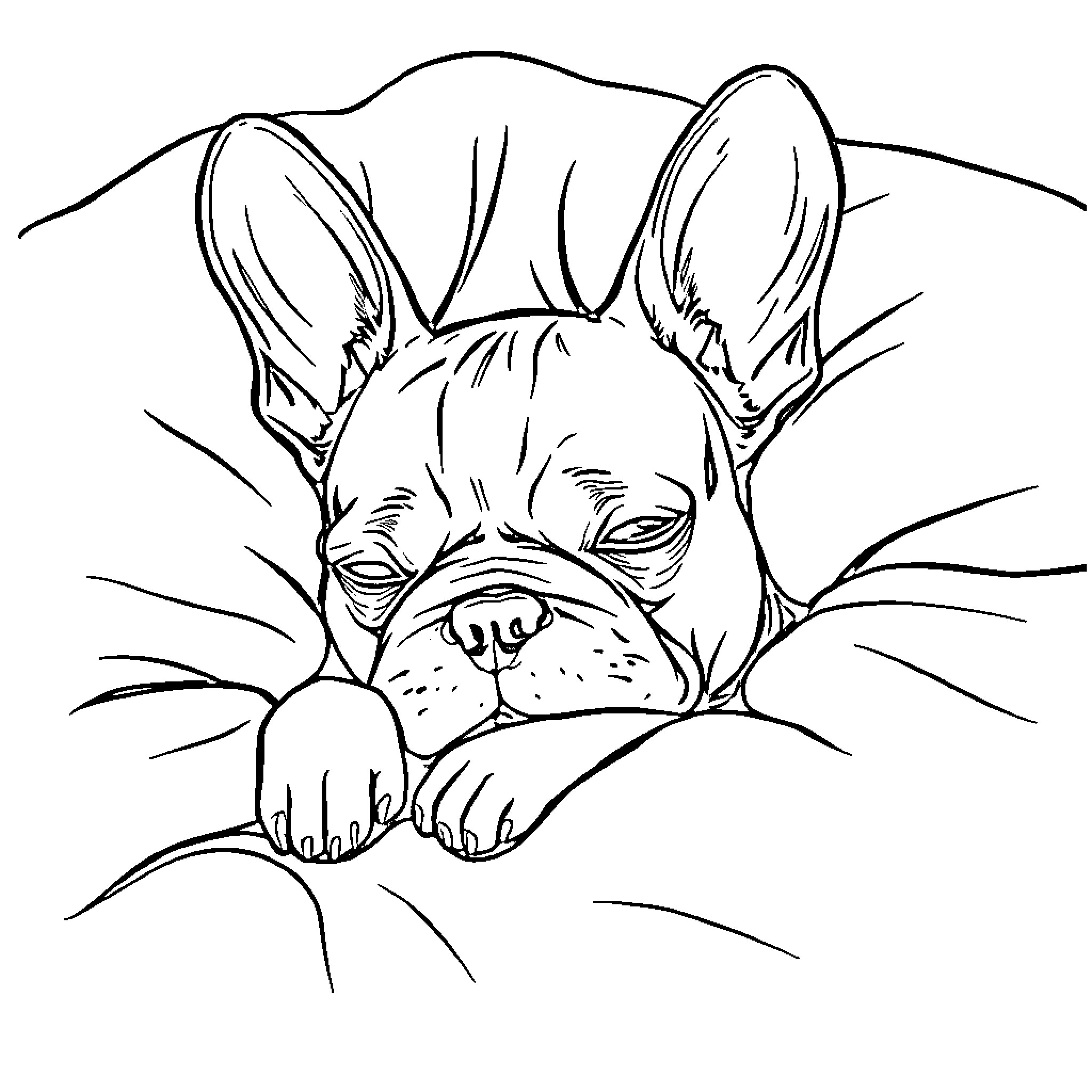Frenchie resting peacefully in cozy bedding Coloring Page (free black-and-white line drawing printable PDF for all, from beginners to advanced learners, including children, teens, adults, and seniors)