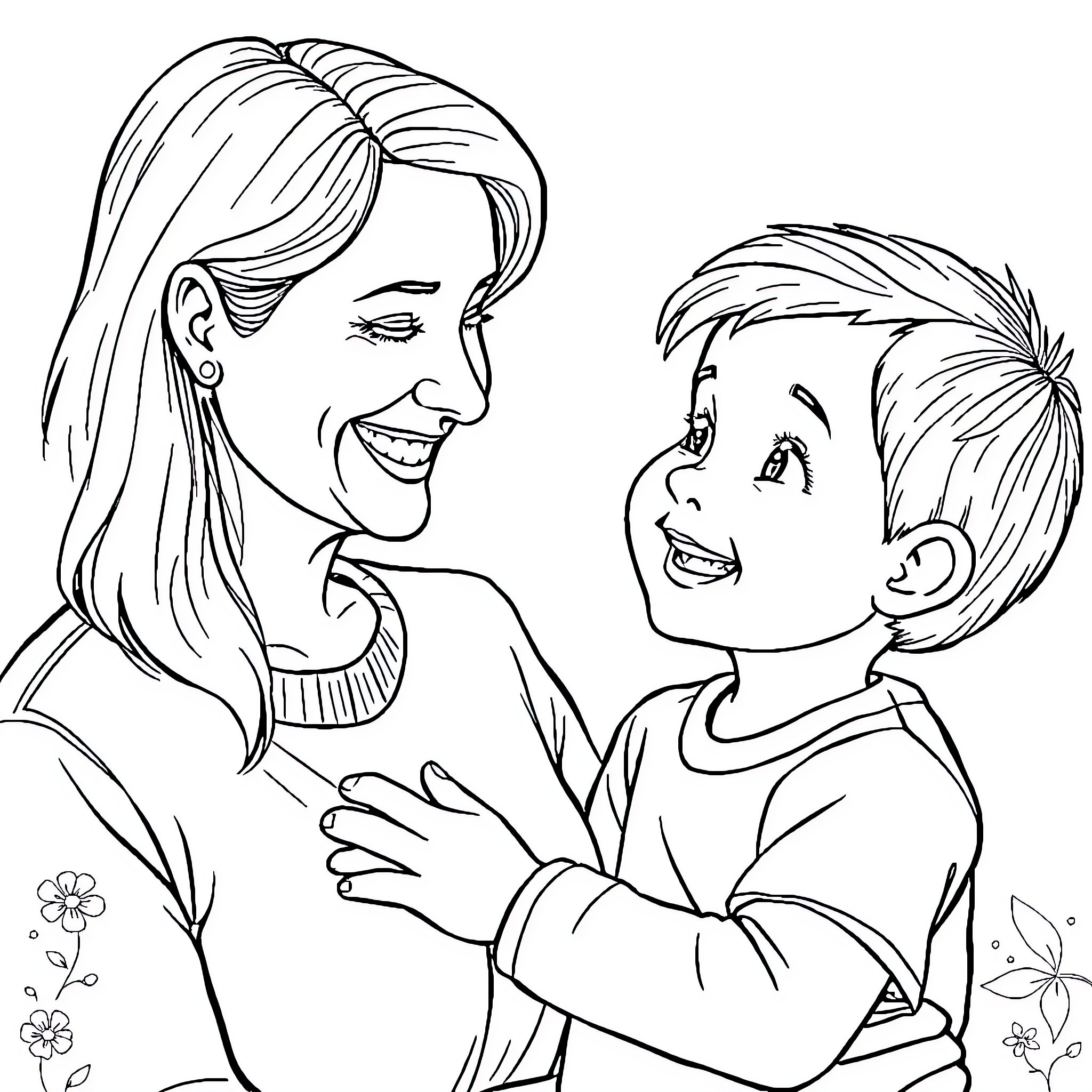 Mom and child playing joyfully together Coloring Page (free black-and-white line drawing printable PDF for all, from beginners to advanced learners, including children, teens, adults, and seniors)