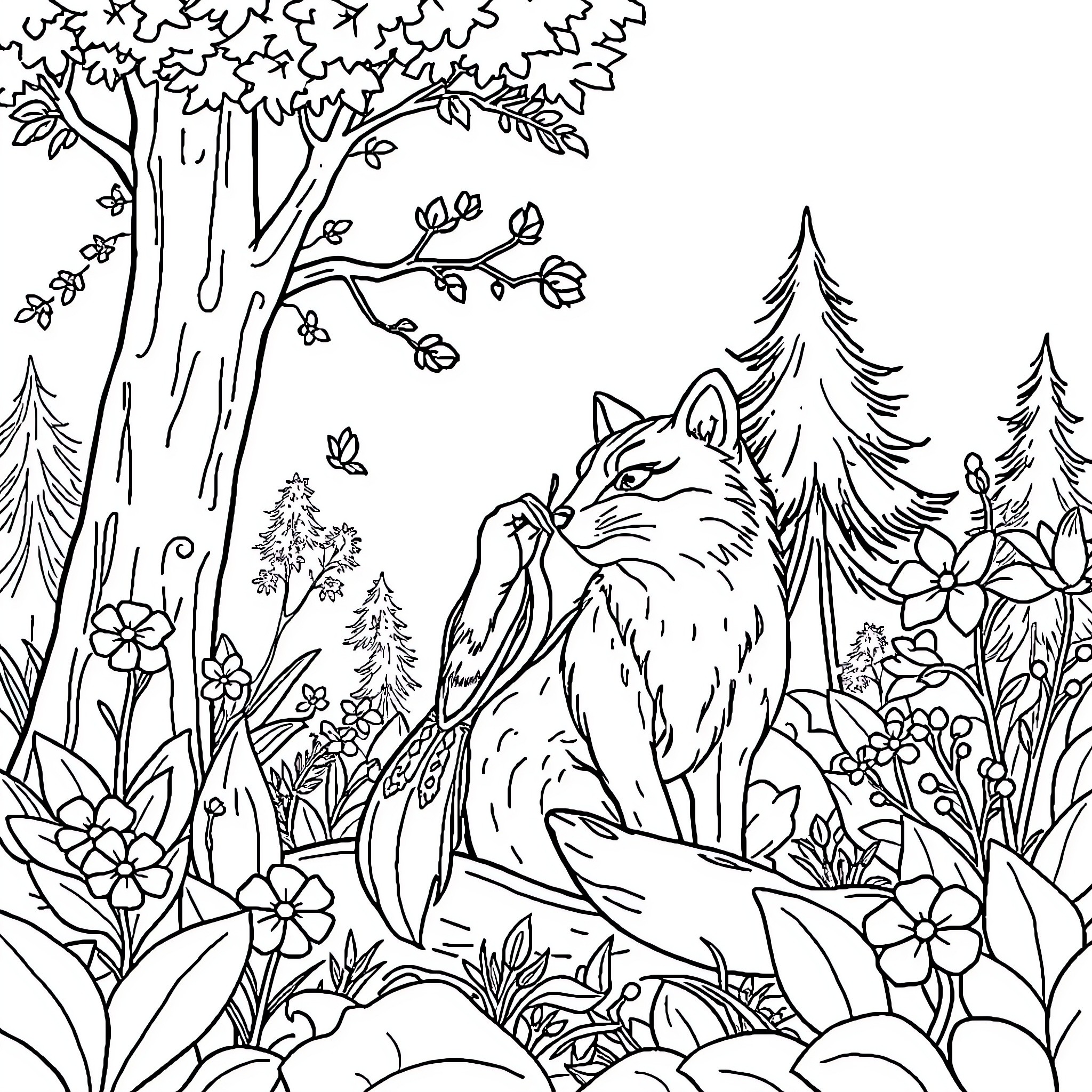 Caperucita's Enchanted Forest Adventure Coloring Page (free black-and-white line drawing printable PDF for all, from beginners to advanced learners, including children, teens, adults, and seniors)