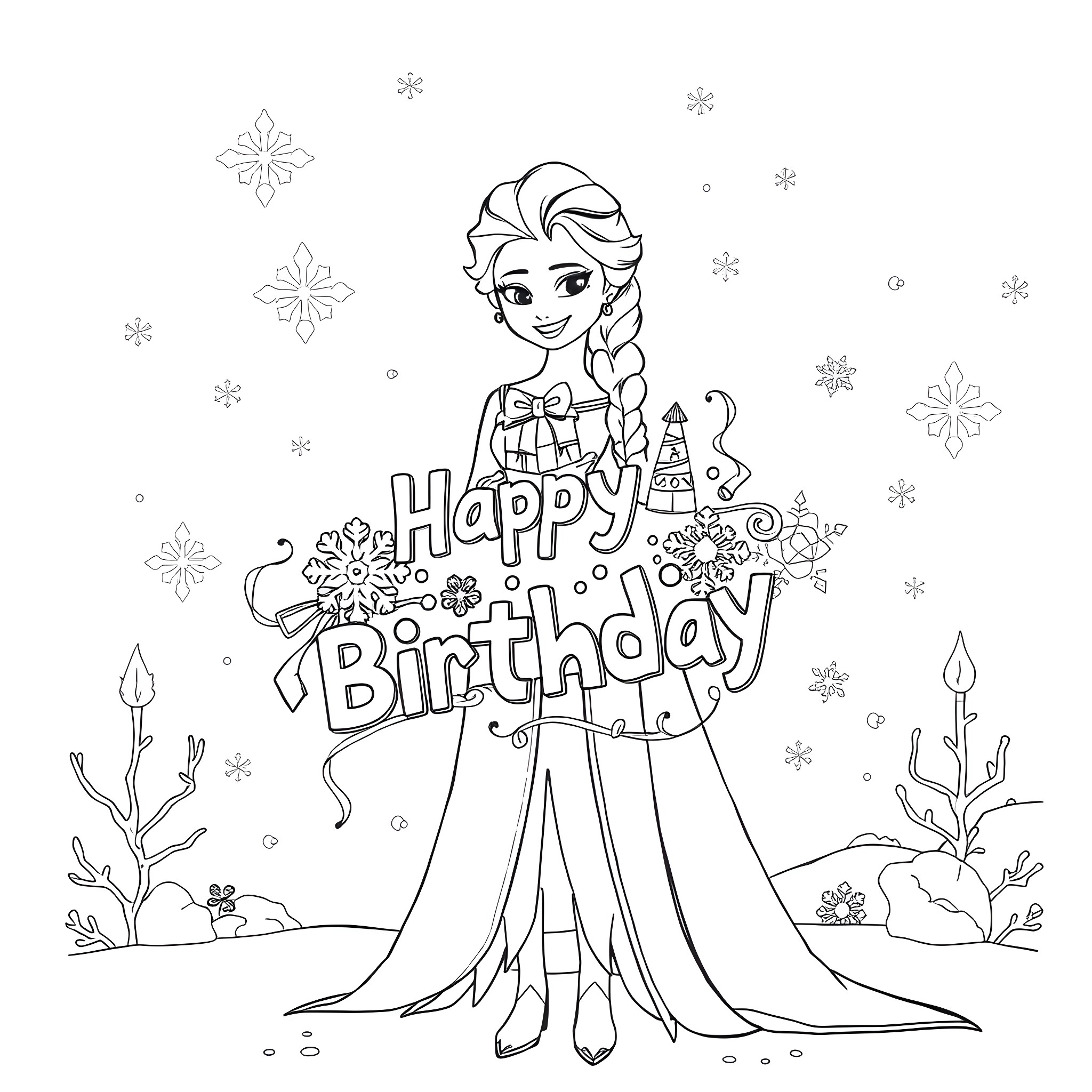 Elsa's Snowy Birthday Celebration Coloring Page (free black-and-white line drawing printable PDF for all, from beginners to advanced learners, including children, teens, adults, and seniors)