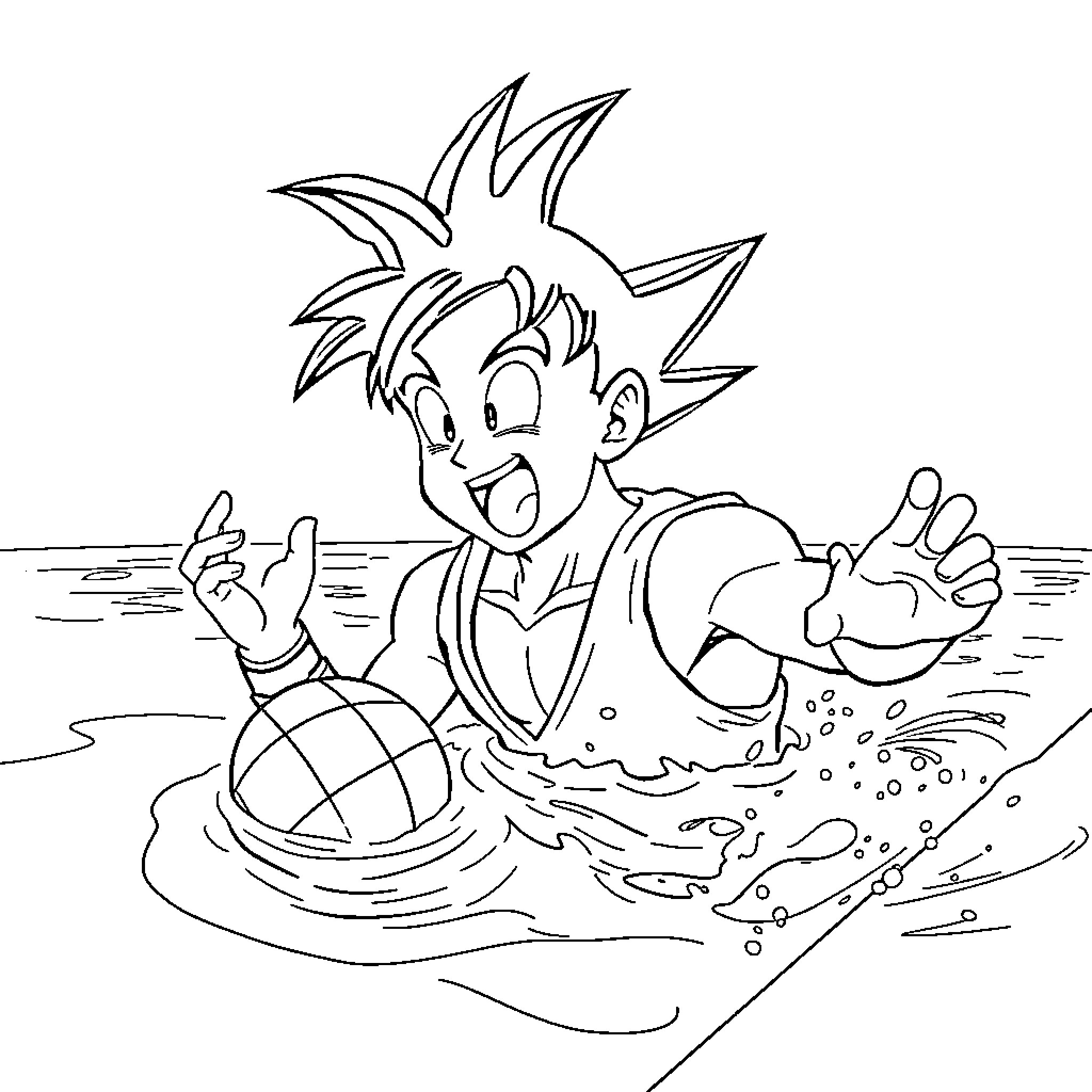 Son Goku Enjoying a Water Adventure Coloring Page (free black-and-white line drawing printable PDF for all, from beginners to advanced learners, including children, teens, adults, and seniors)