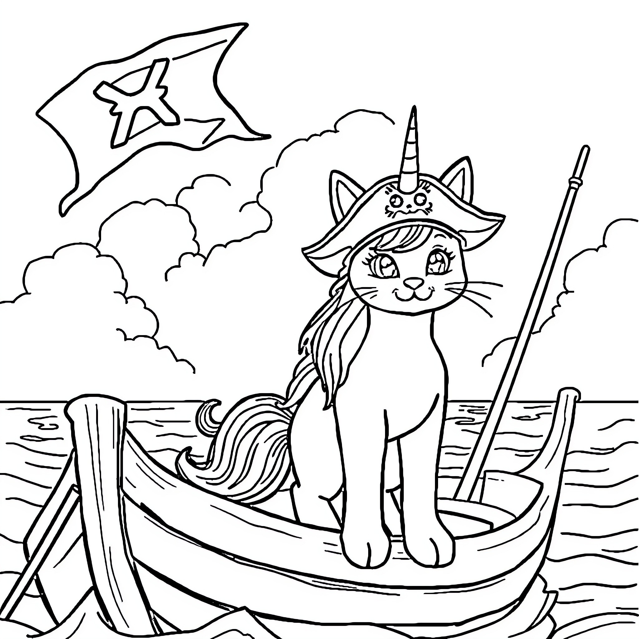 Kitty Cat Pirate on Sailing Ship at Sea Coloring Page (free black-and-white line drawing printable PDF for all, from beginners to advanced learners, including children, teens, adults, and seniors)