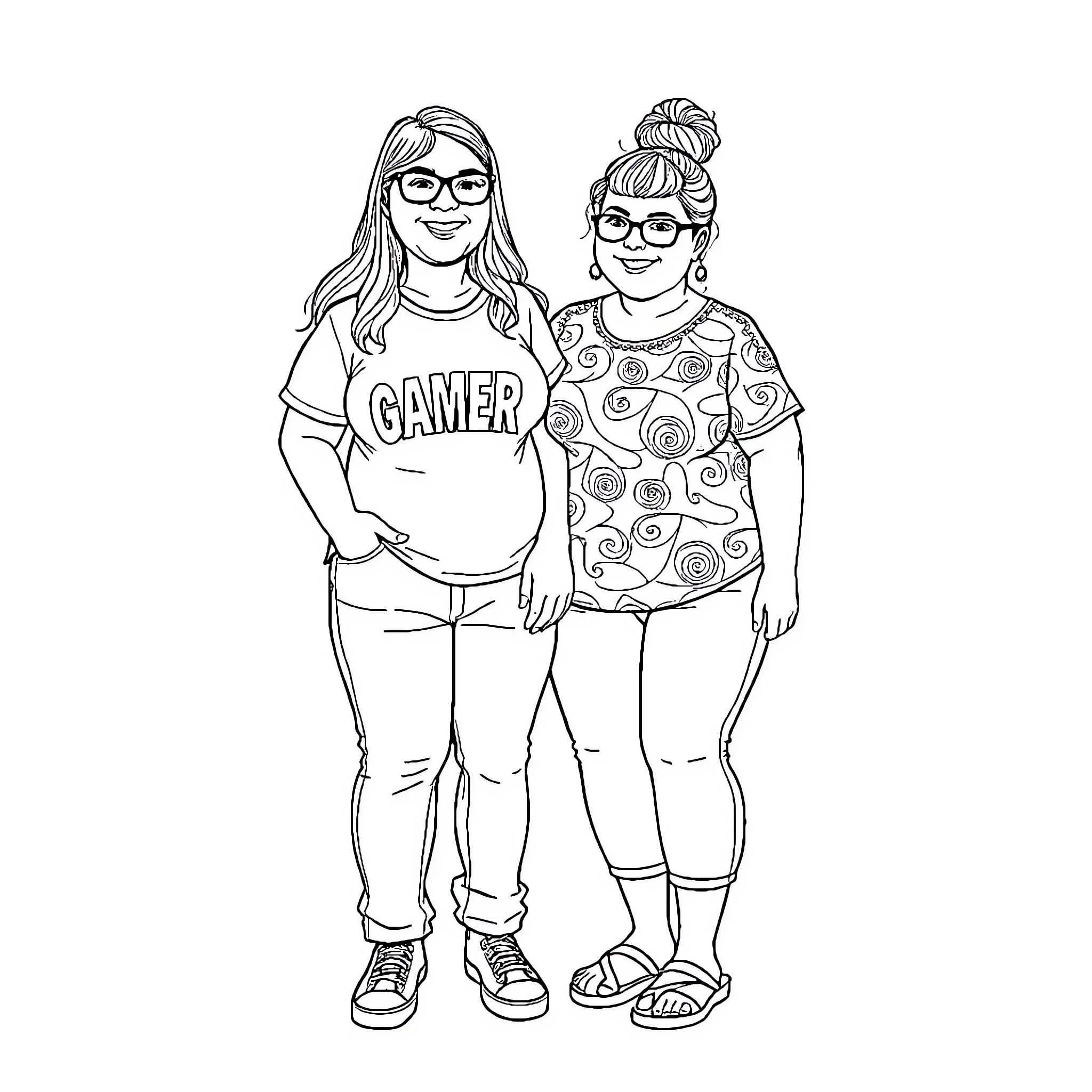 Women gamers enjoying time together Coloring Page (free black-and-white line drawing printable PDF for all, from beginners to advanced learners, including children, teens, adults, and seniors)