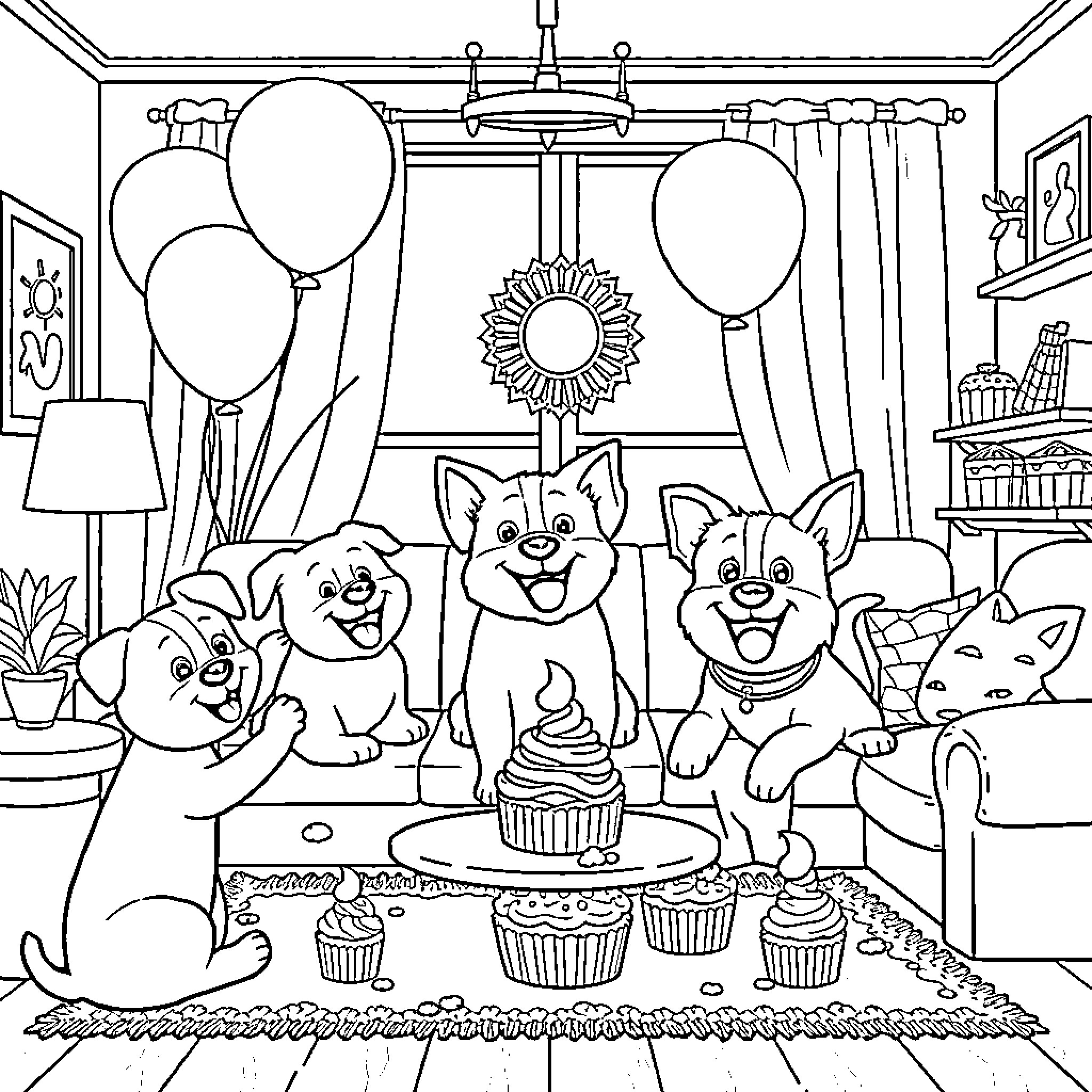 Pet Cats Celebrating with Balloons and Cupcakes Coloring Page (free black-and-white line drawing printable PDF for all, from beginners to advanced learners, including children, teens, adults, and seniors)