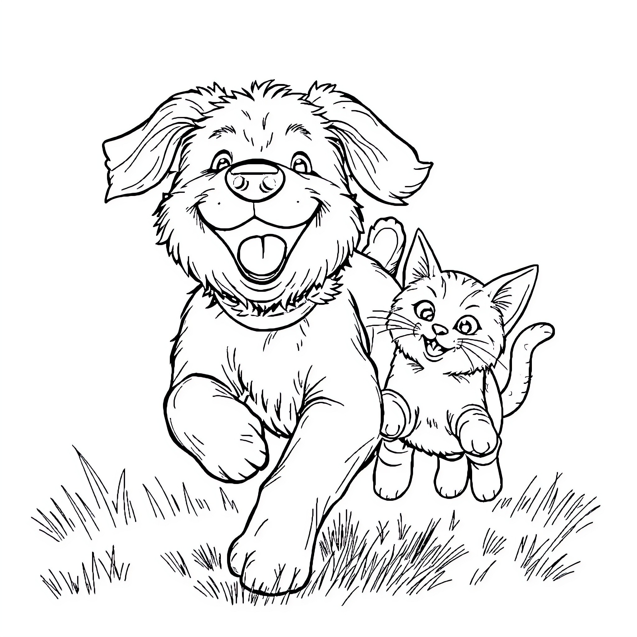 Dog and Cat Playing Happily in the Grass Coloring Page (free black-and-white line drawing printable PDF for all, from beginners to advanced learners, including children, teens, adults, and seniors)