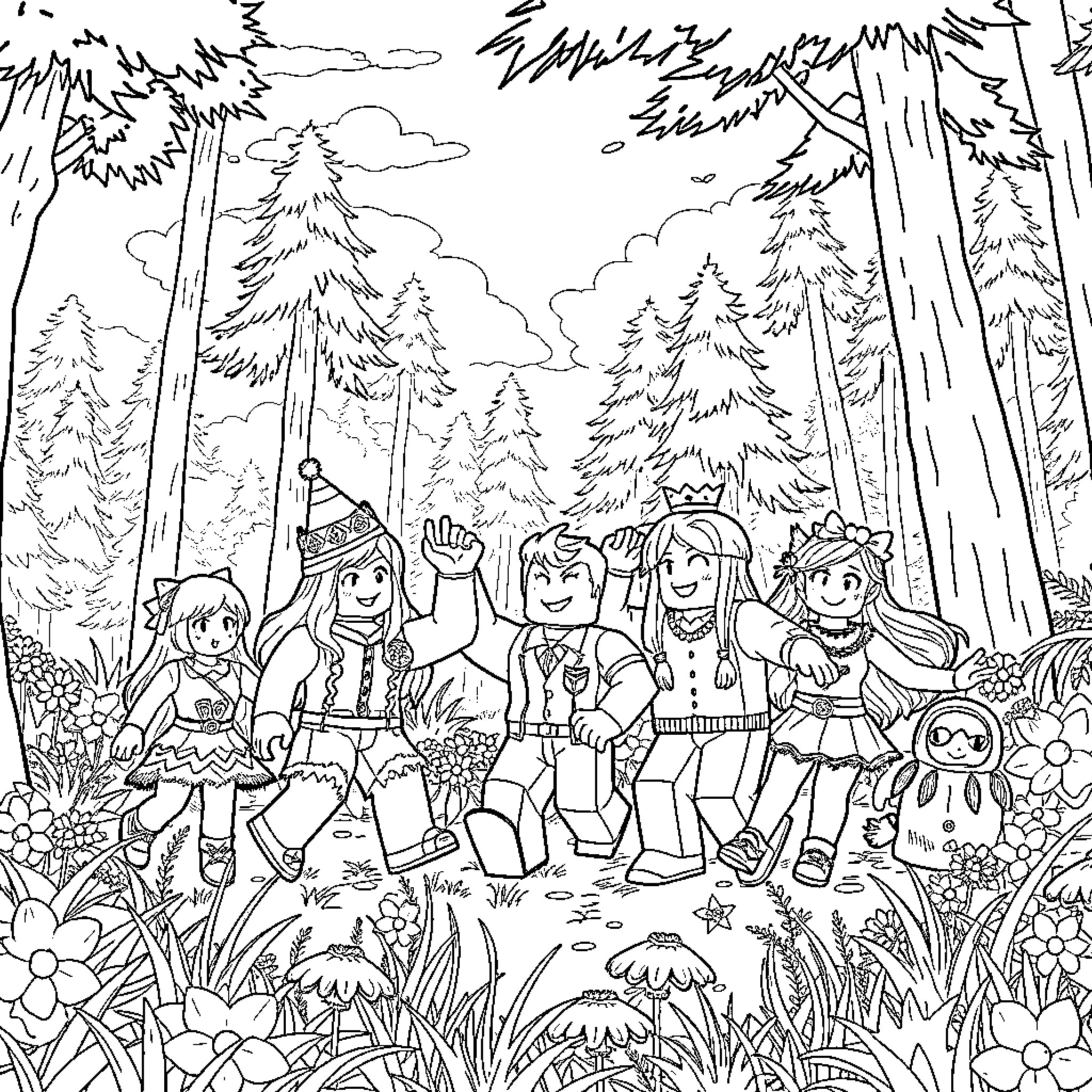 Roblox Character Group Adventure in the Enchanted Forest Coloring Page (free black-and-white line drawing printable PDF for all, from beginners to advanced learners, including children, teens, adults, and seniors)