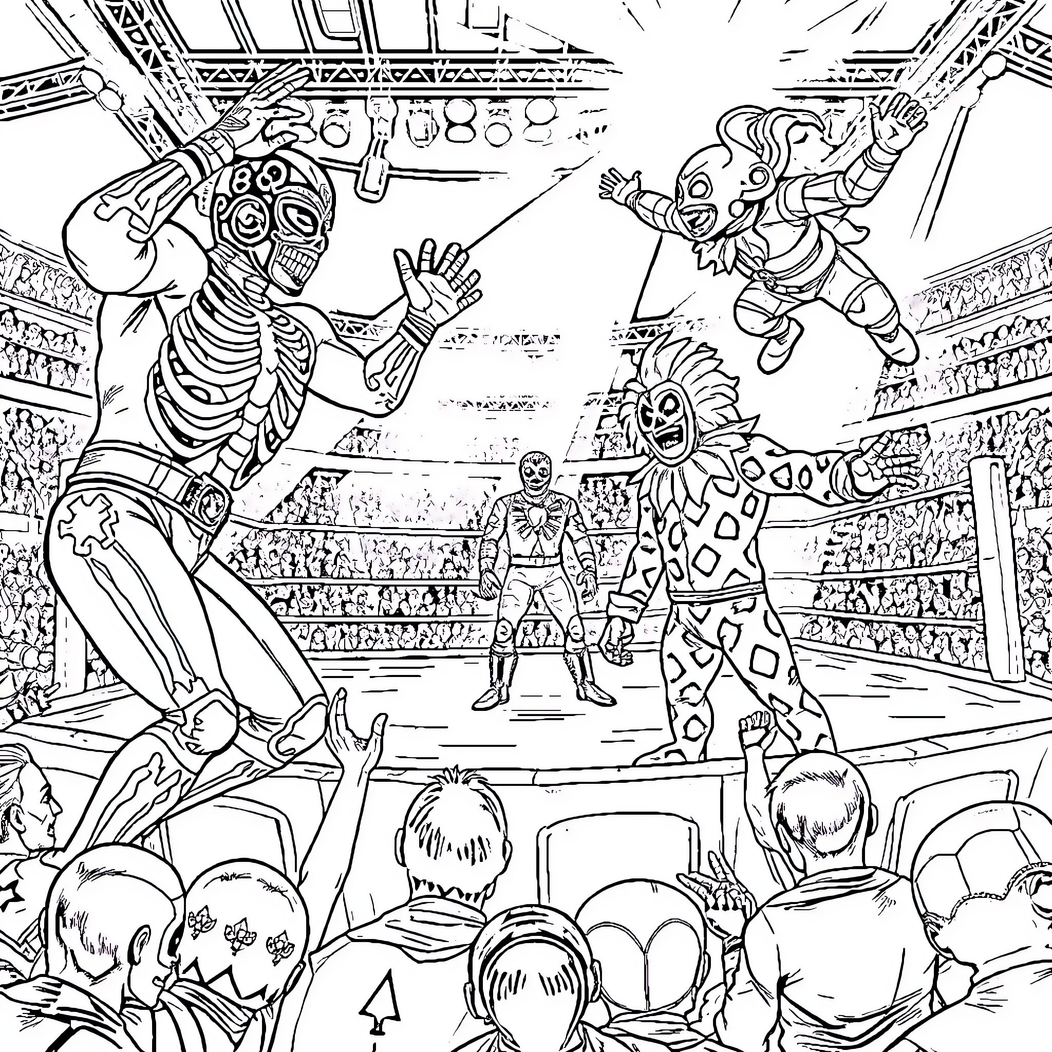 Lucha Libre: Wrestlers in Dynamic Combat in Arena Coloring Page (free black-and-white line drawing printable PDF for all, from beginners to advanced learners, including children, teens, adults, and seniors)