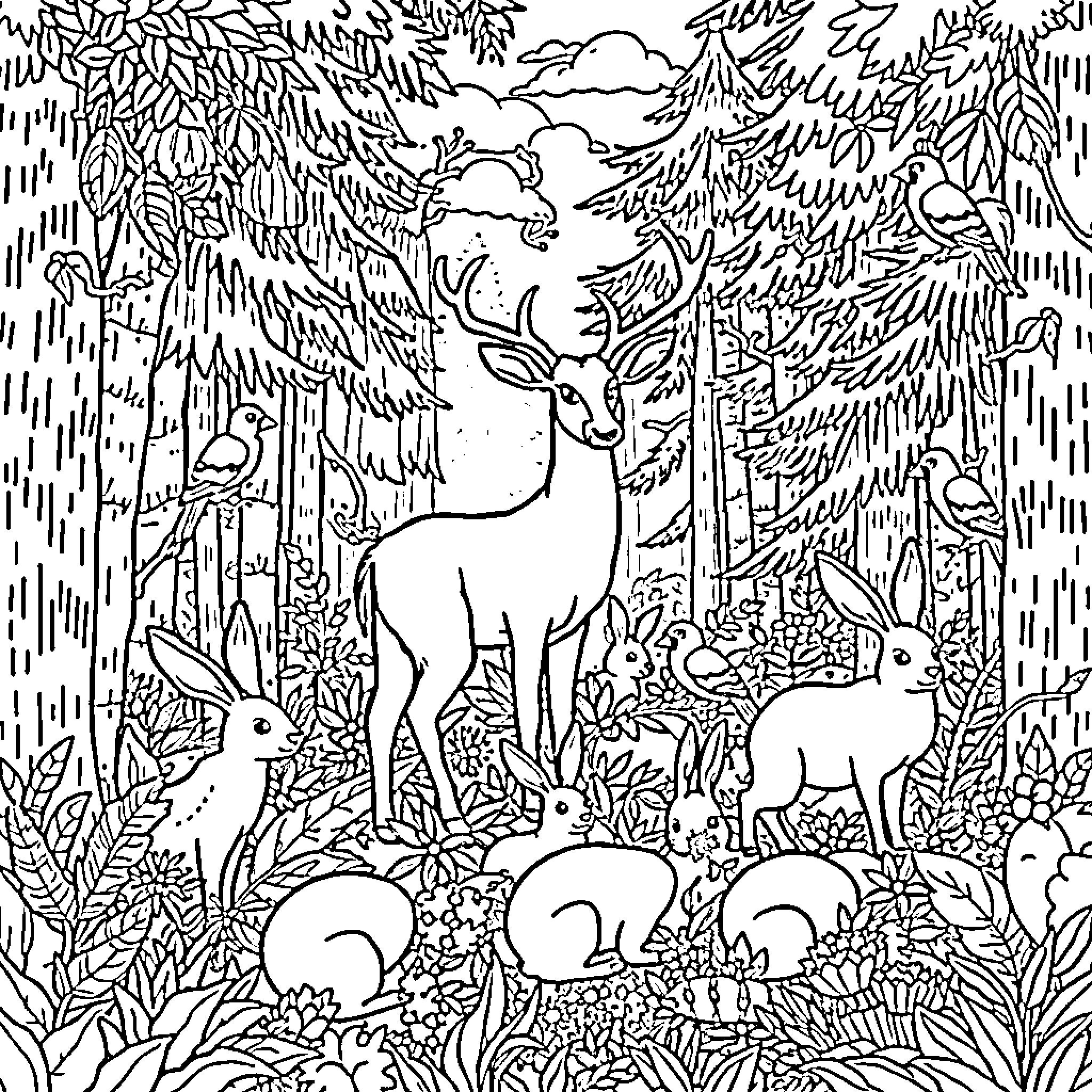 Animal forest scene with deer and rabbits Coloring Page (free black-and-white line drawing printable PDF for all, from beginners to advanced learners, including children, teens, adults, and seniors)