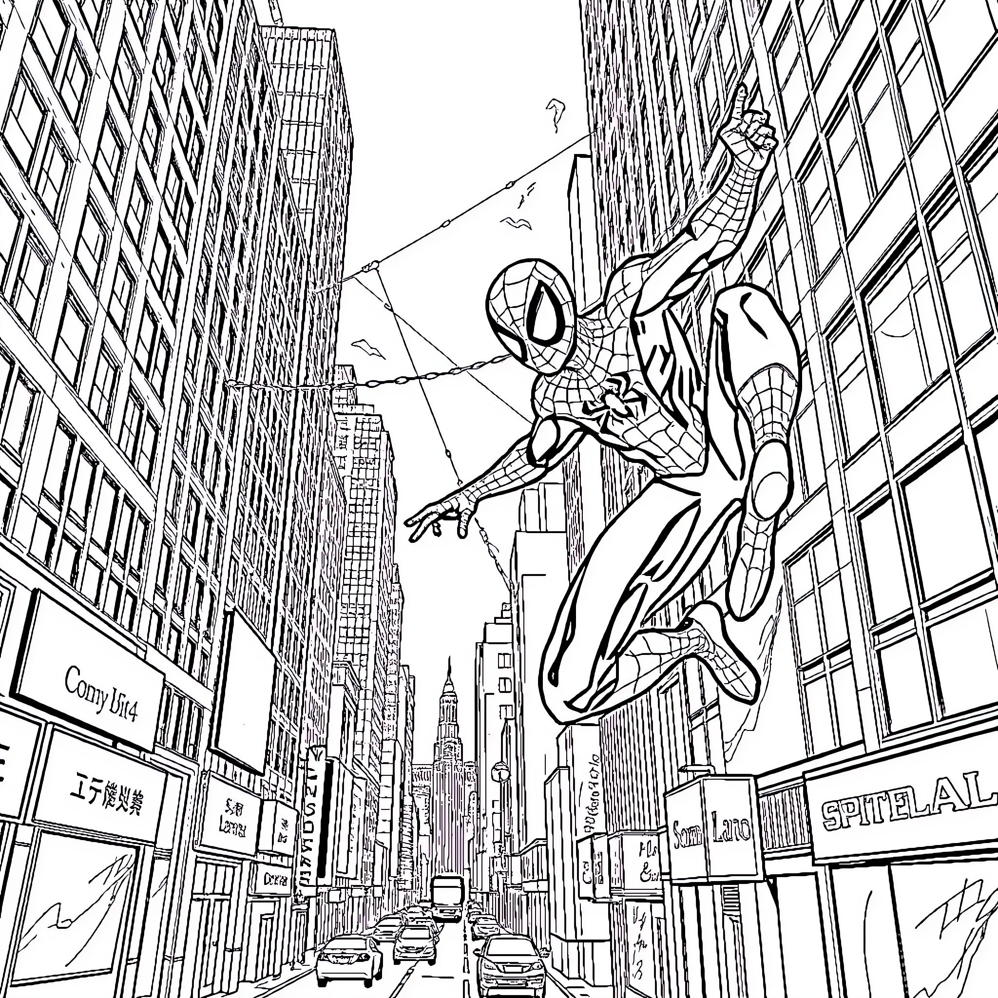 Spiderman swinging through the busy city streets Coloring Page (free black-and-white line drawing printable PDF for all, from beginners to advanced learners, including children, teens, adults, and seniors)