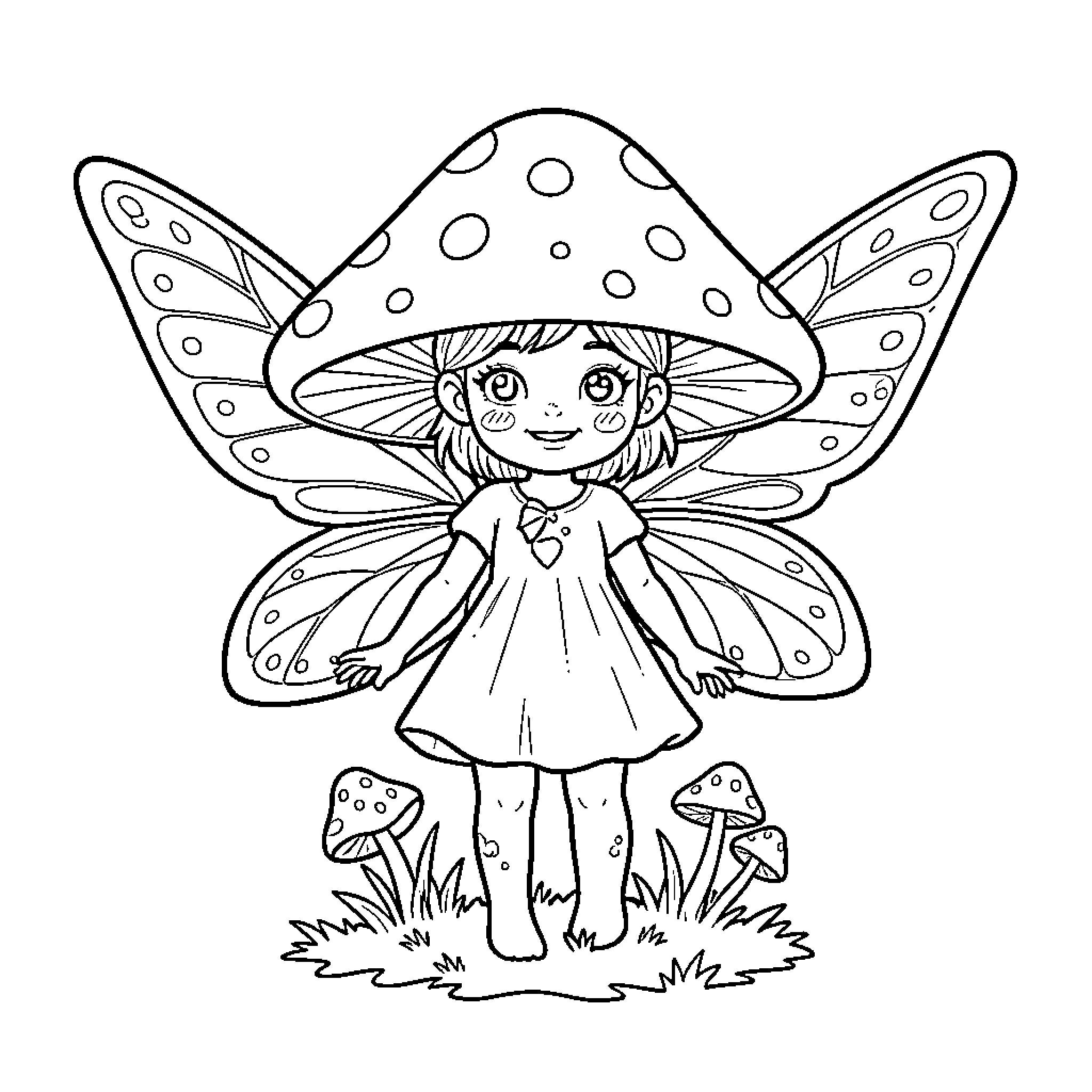 Mushroom Fairy playing joyfully in the enchanted forest Coloring Page (free black-and-white line drawing printable PDF for all, from beginners to advanced learners, including children, teens, adults, and seniors)