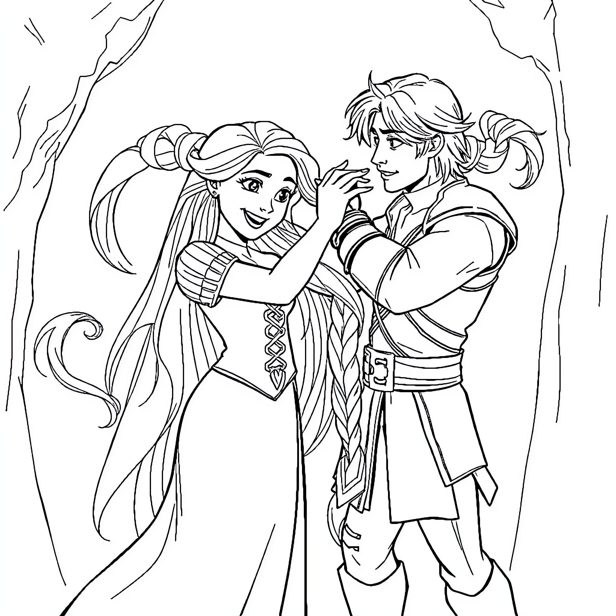 Rapunzel and her prince embrace happily Coloring Page (free black-and-white line drawing printable PDF for all, from beginners to advanced learners, including children, teens, adults, and seniors)