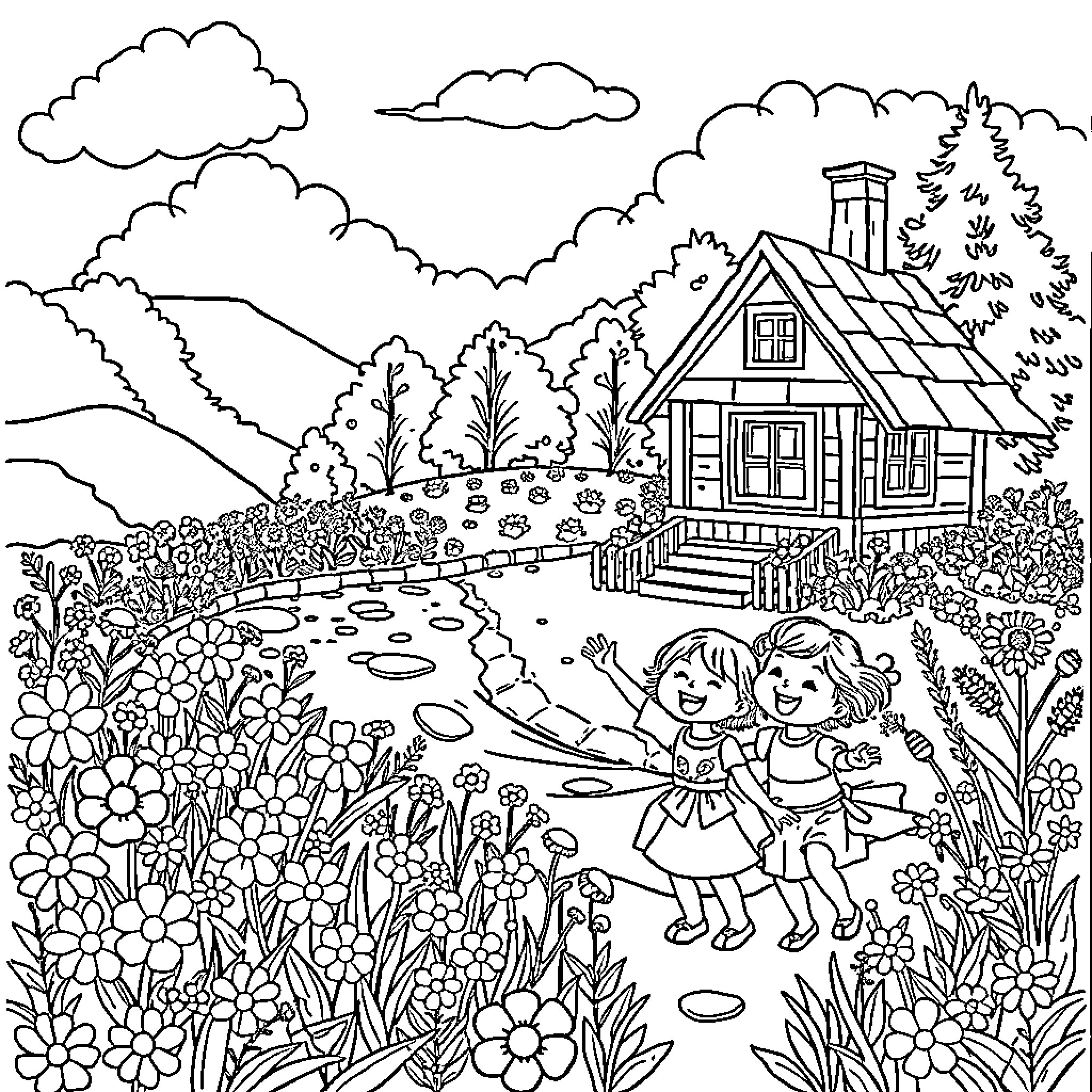 Flower Children playing joyfully in garden landscape Coloring Page (free black-and-white line drawing printable PDF for all, from beginners to advanced learners, including children, teens, adults, and seniors)