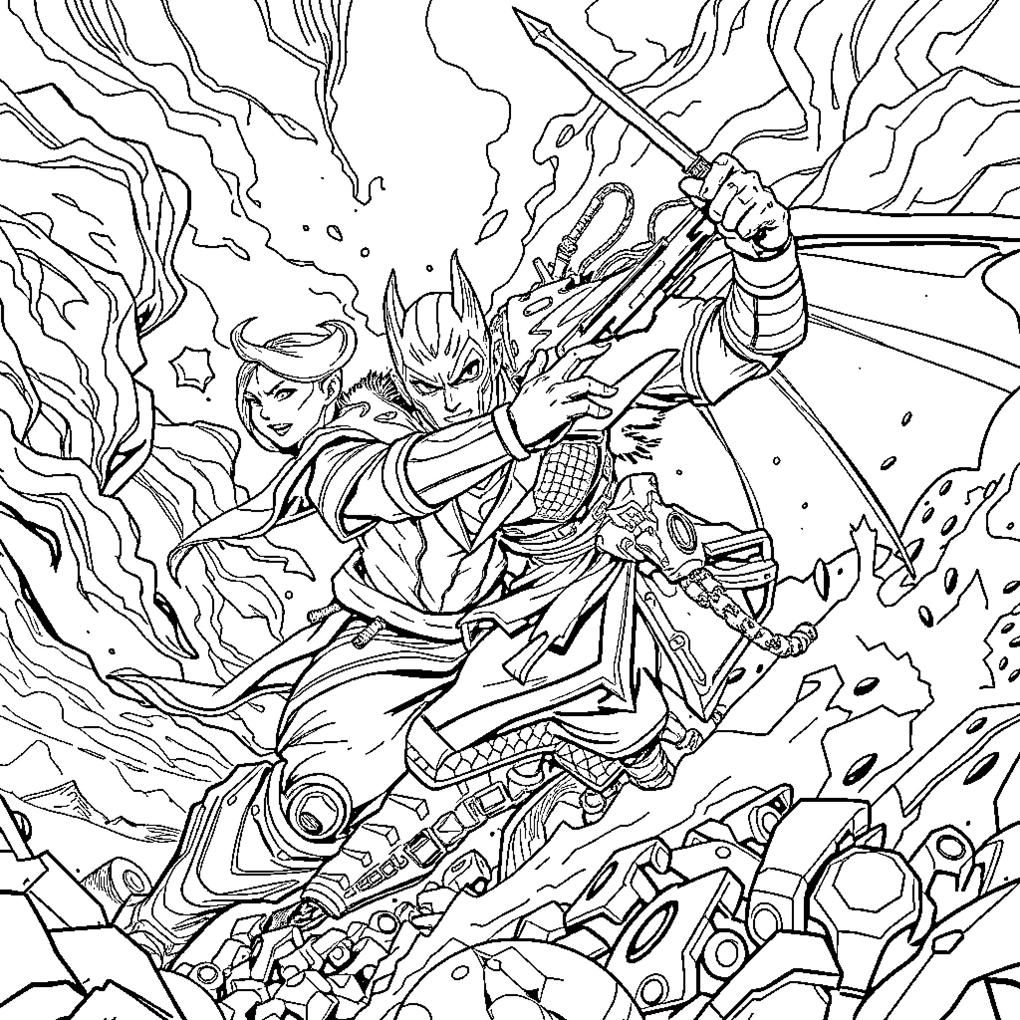Saja Boy in Heroic Battle Amid Chaos Coloring Page (free black-and-white line drawing printable PDF for all, from beginners to advanced learners, including children, teens, adults, and seniors)