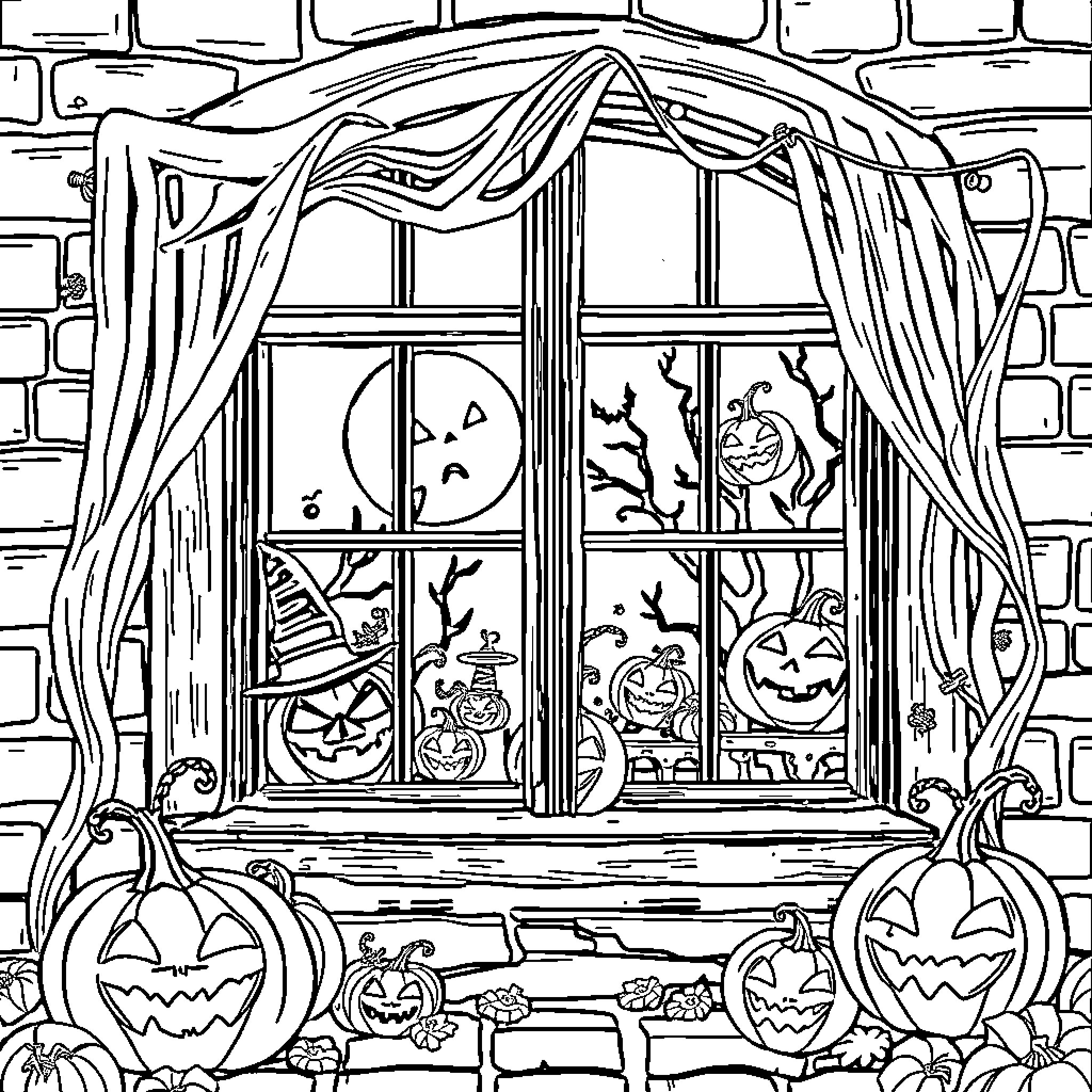 Window Filled with Festive Halloween Decorations Coloring Page (free black-and-white line drawing printable PDF for all, from beginners to advanced learners, including children, teens, adults, and seniors)