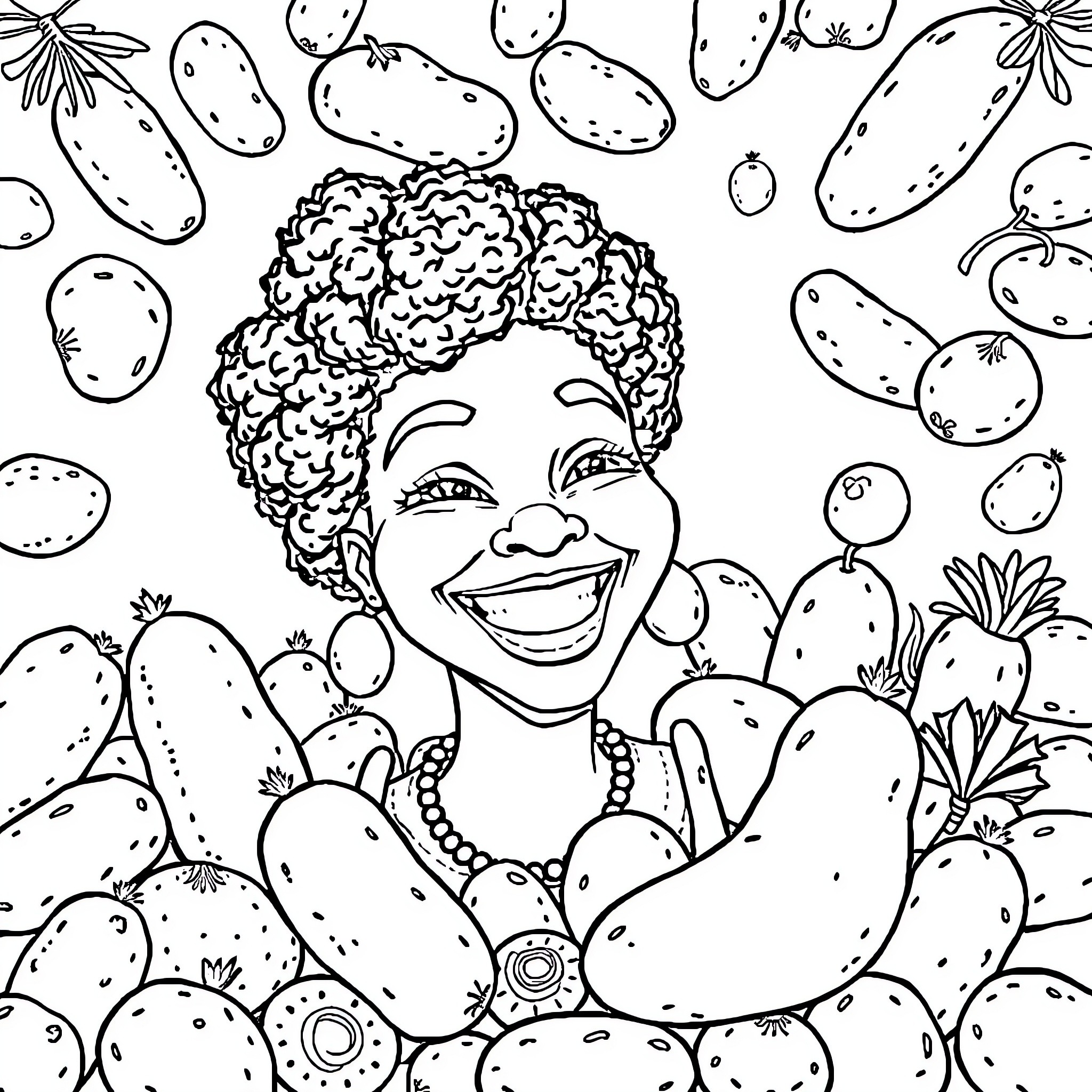 Woman surrounded by whimsical vegetable illustrations Coloring Page (free black-and-white line drawing printable PDF for all, from beginners to advanced learners, including children, teens, adults, and seniors)