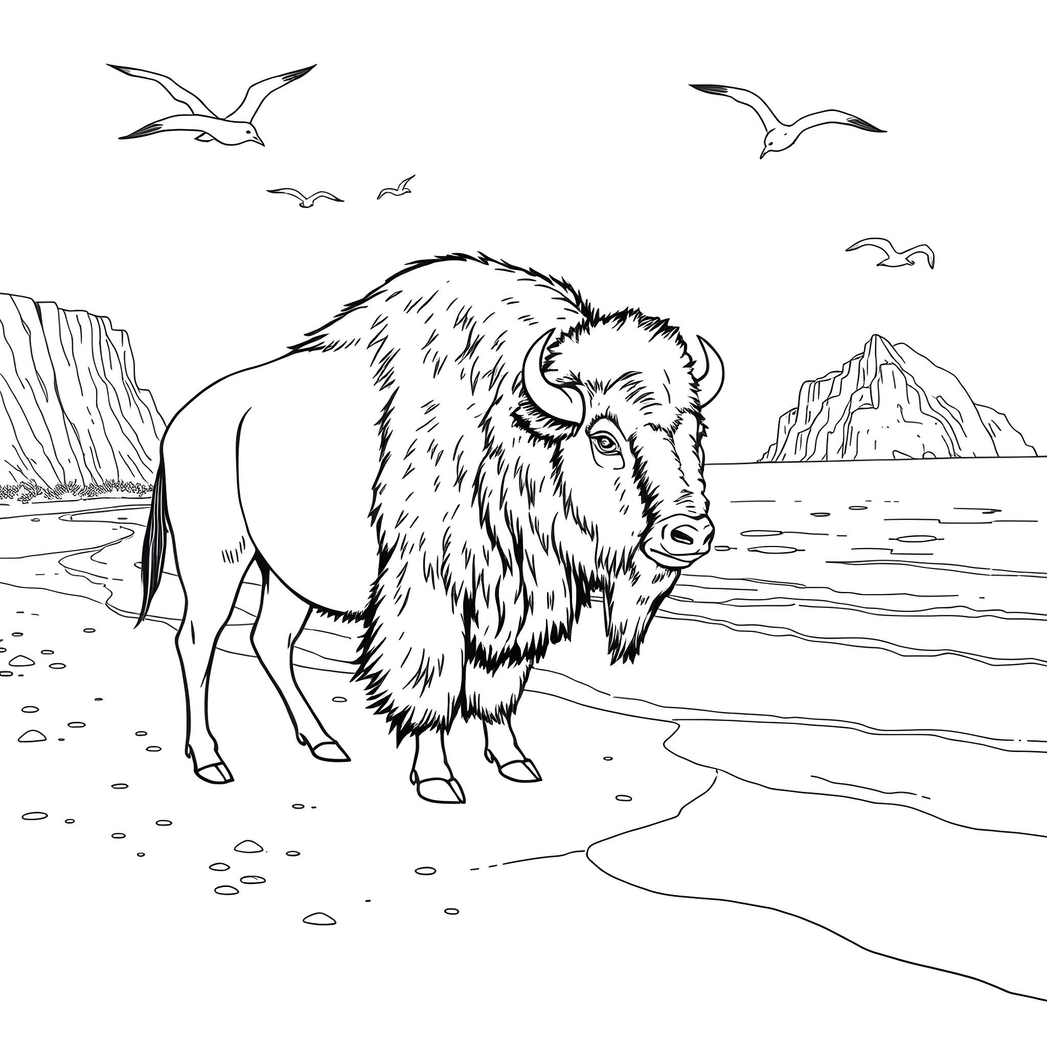 Bison standing proudly on the shore Coloring Page (free black-and-white line drawing printable PDF for all, from beginners to advanced learners, including children, teens, adults, and seniors)