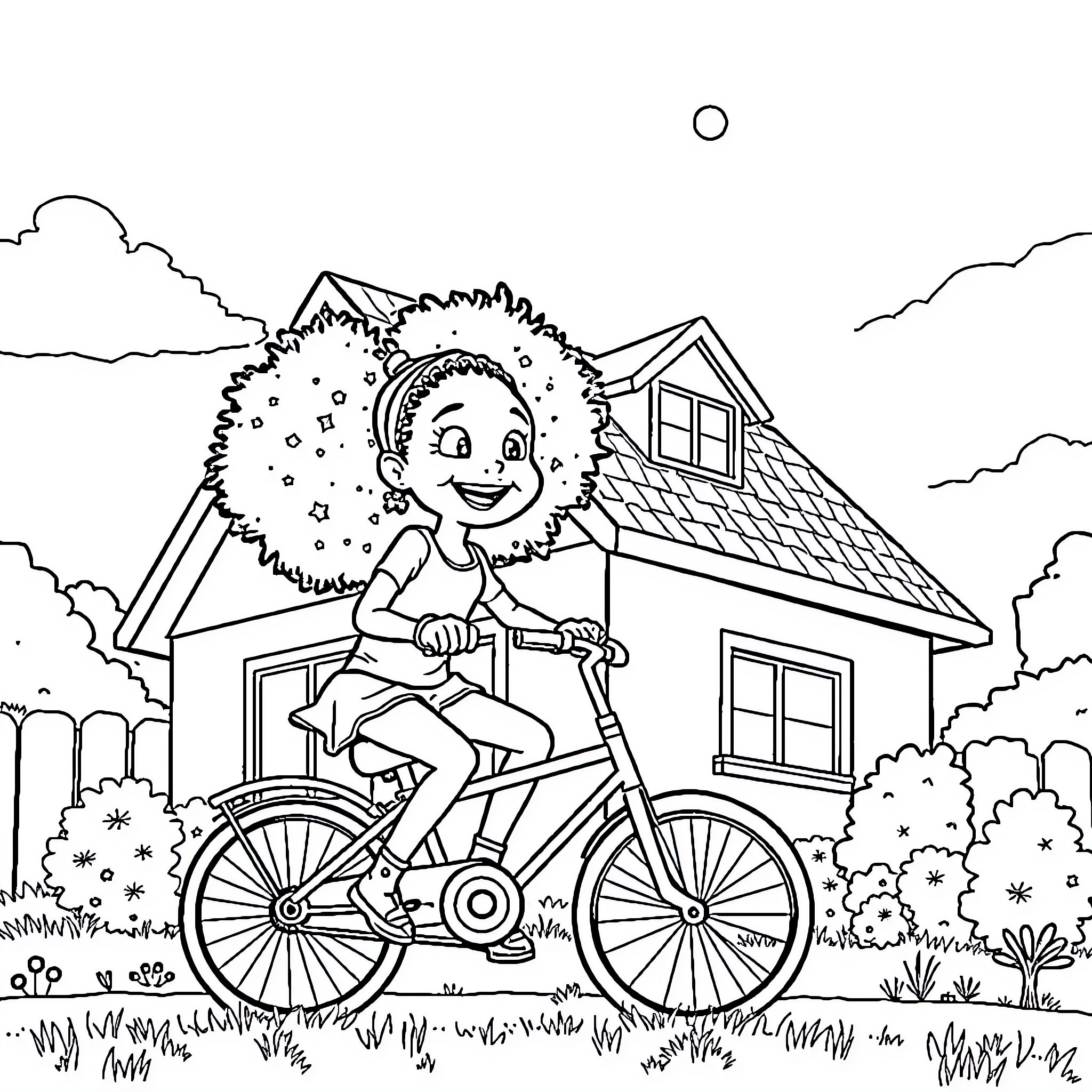Child riding bicycle through neighborhood Coloring Page (free black-and-white line drawing printable PDF for all, from beginners to advanced learners, including children, teens, adults, and seniors)