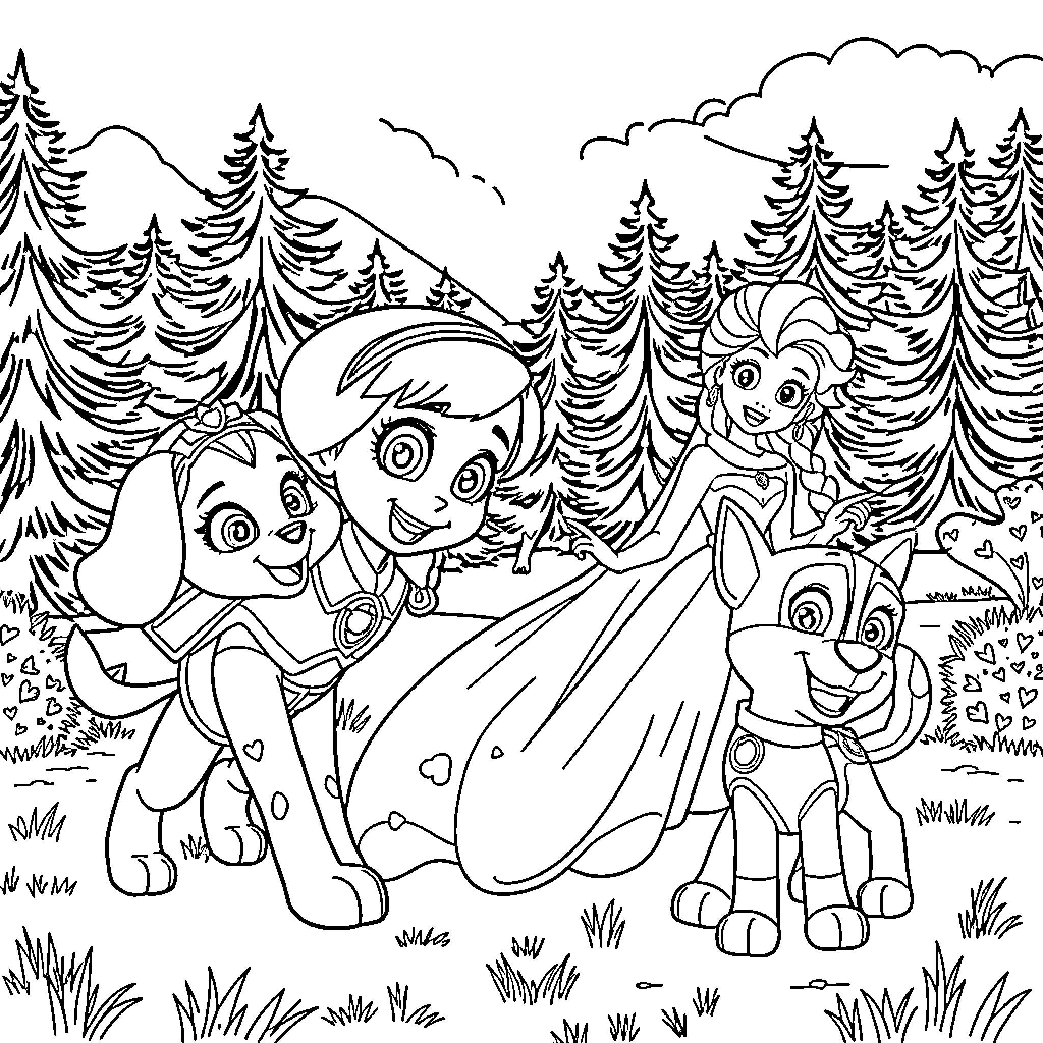 Skye and friends explore the forest Coloring Page (free black-and-white line drawing printable PDF for all, from beginners to advanced learners, including children, teens, adults, and seniors)