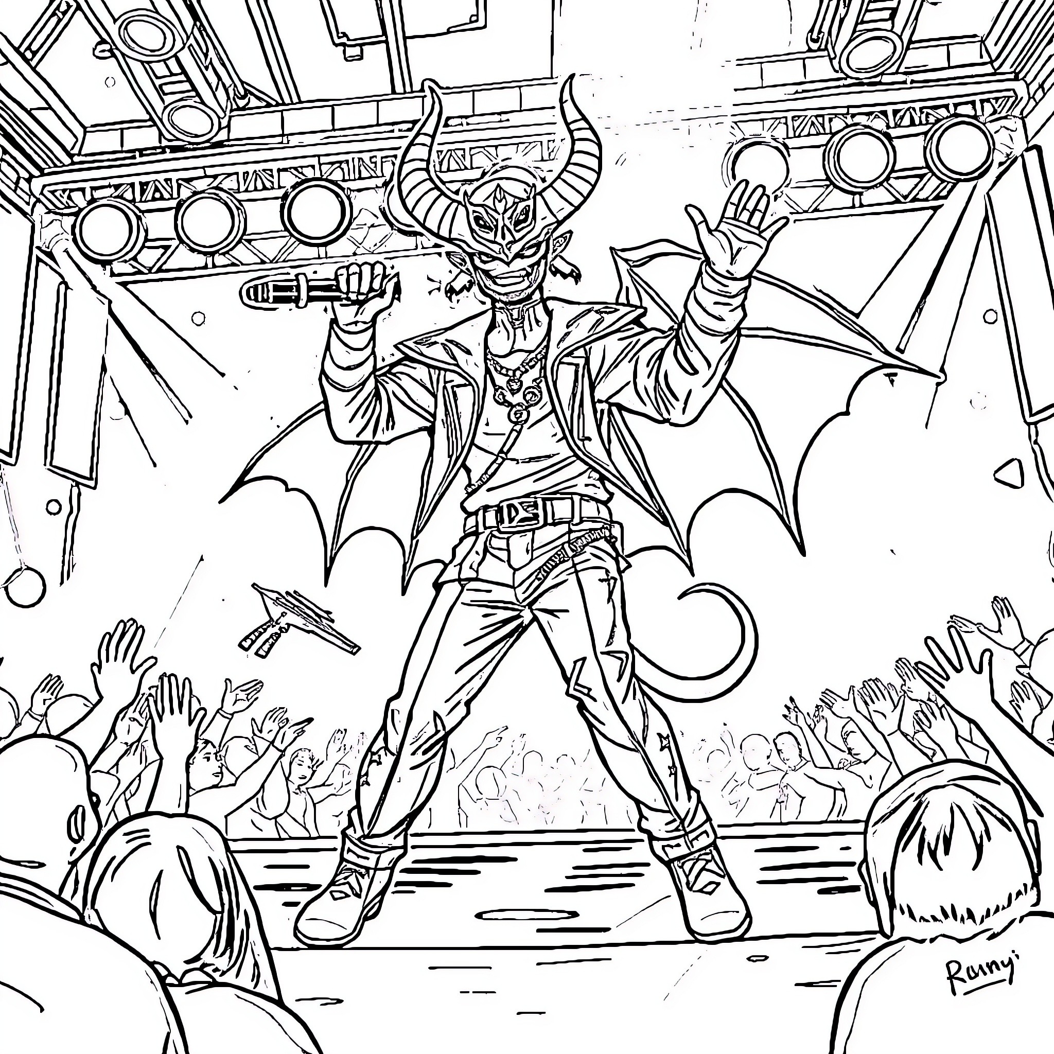 Rumi as a fearless and dynamic superhero Coloring Page (free black-and-white line drawing printable PDF for all, from beginners to advanced learners, including children, teens, adults, and seniors)