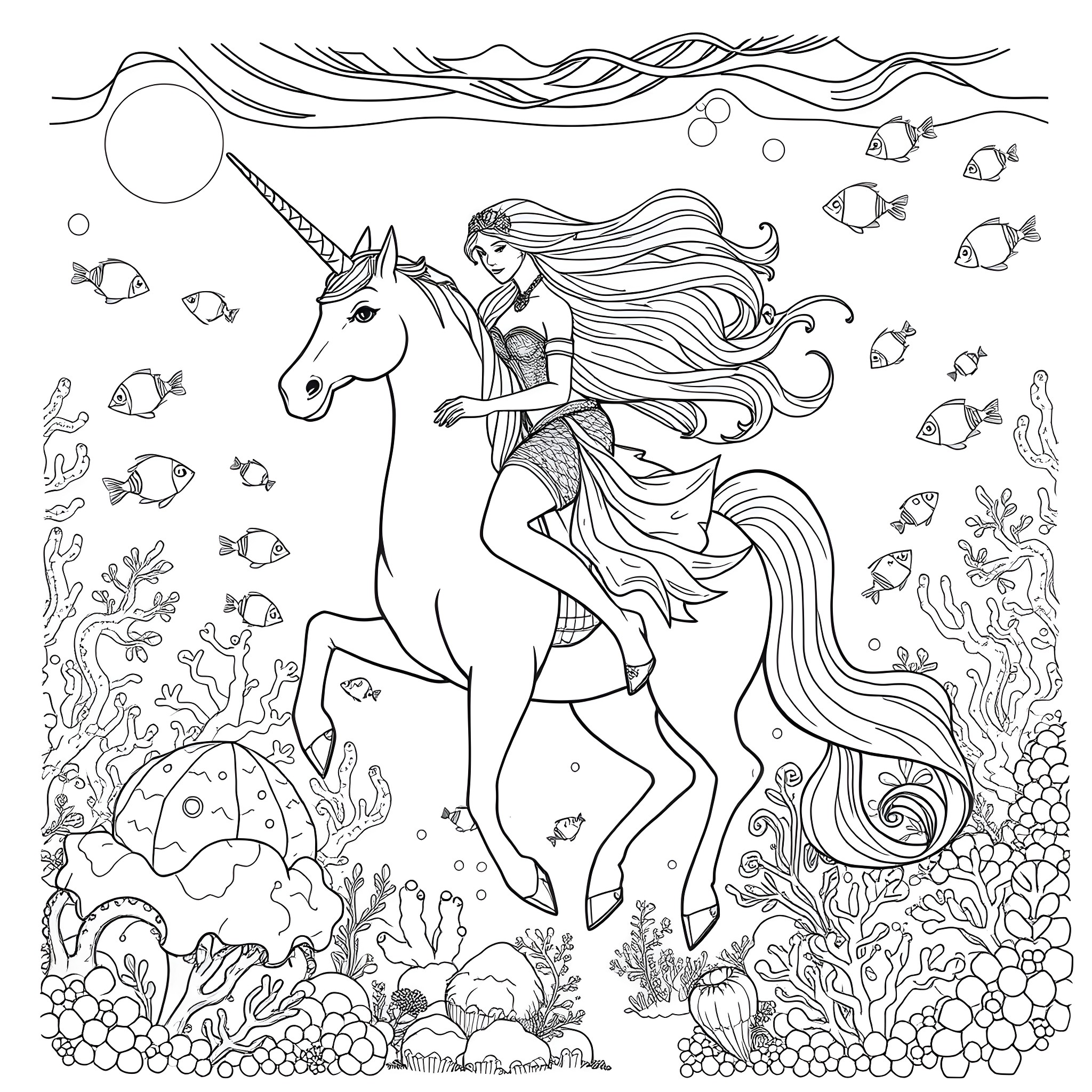 Mermaid riding a unicorn in an underwater scene Coloring Page (free black-and-white line drawing printable PDF for all, from beginners to advanced learners, including children, teens, adults, and seniors)