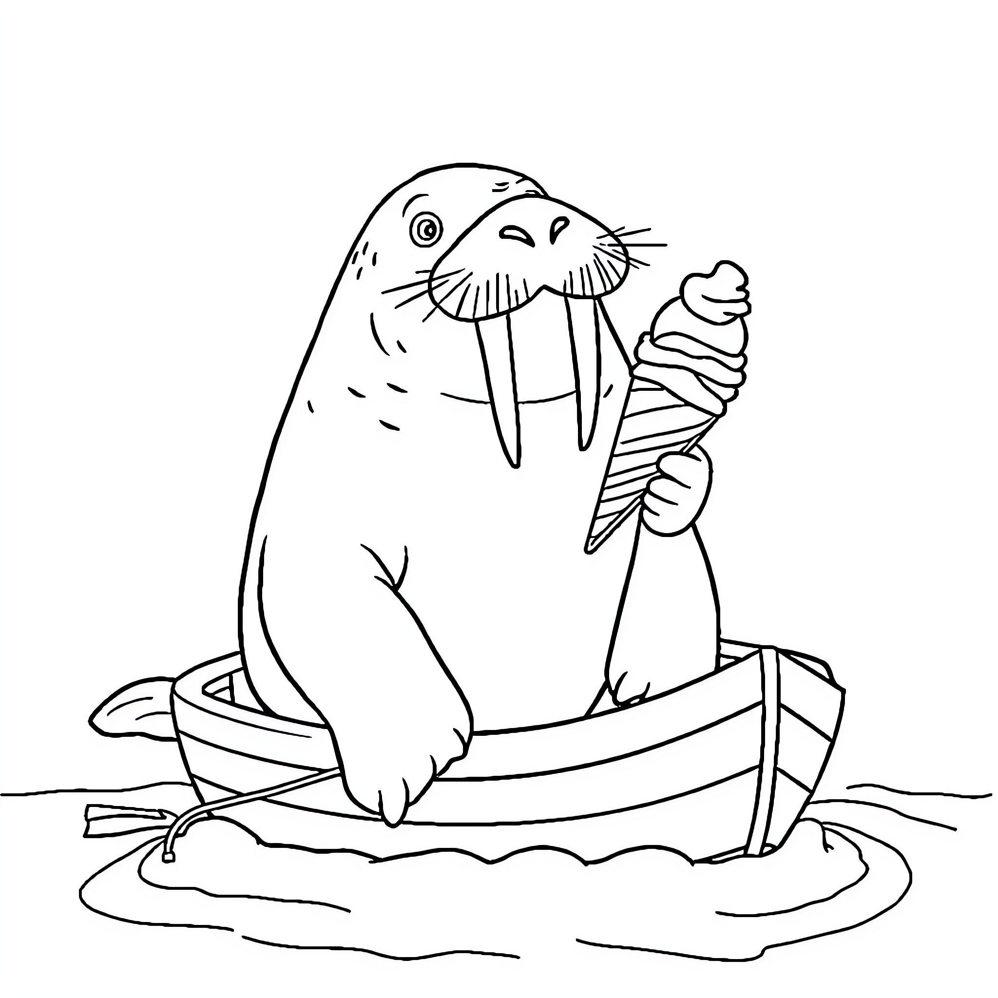 Walrus relaxing on a boat with an ice cream cone Coloring Page (free black-and-white line drawing printable PDF for all, from beginners to advanced learners, including children, teens, adults, and seniors)
