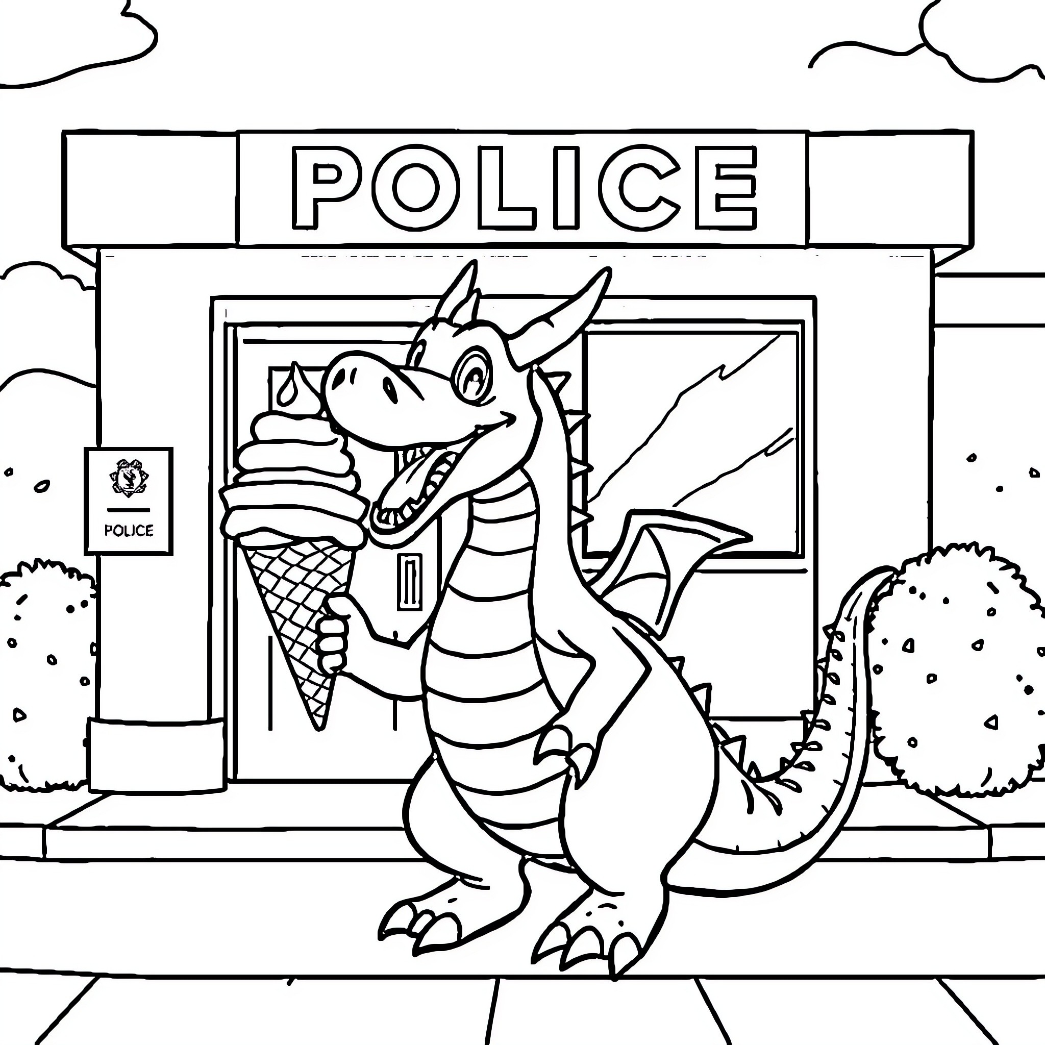 Dragon enjoying an ice cream outside the police station Coloring Page (free black-and-white line drawing printable PDF for all, from beginners to advanced learners, including children, teens, adults, and seniors)