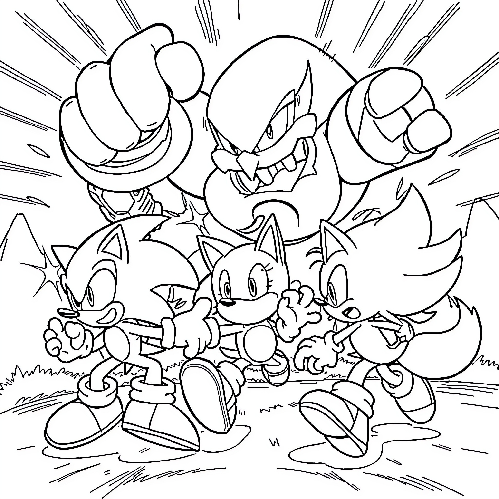 Sonic and Friends in Heroic Pose Coloring Page (free black-and-white line drawing printable PDF for all, from beginners to advanced learners, including children, teens, adults, and seniors)
