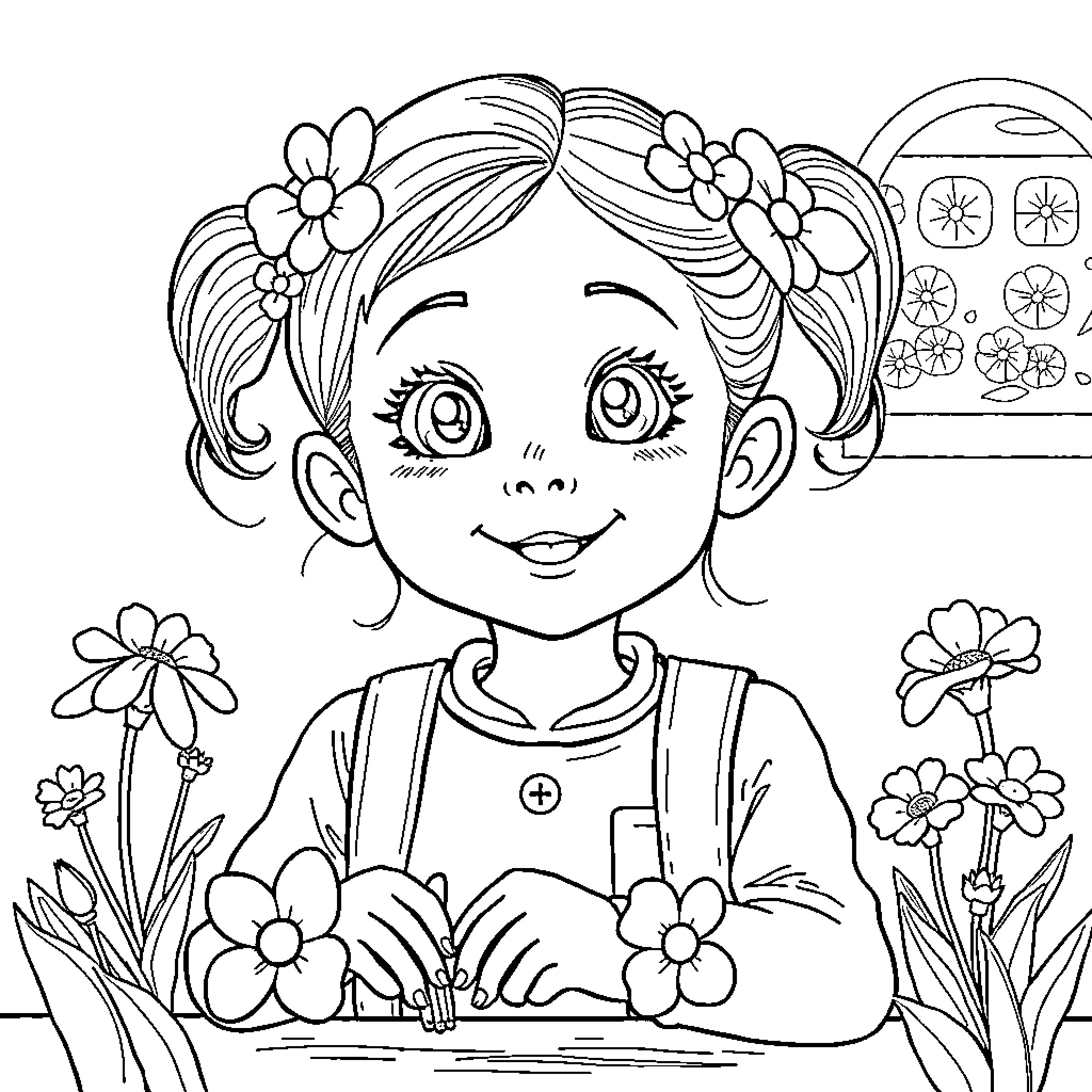 Girl admiring the flowers in the garden Coloring Page (free black-and-white line drawing printable PDF for all, from beginners to advanced learners, including children, teens, adults, and seniors)