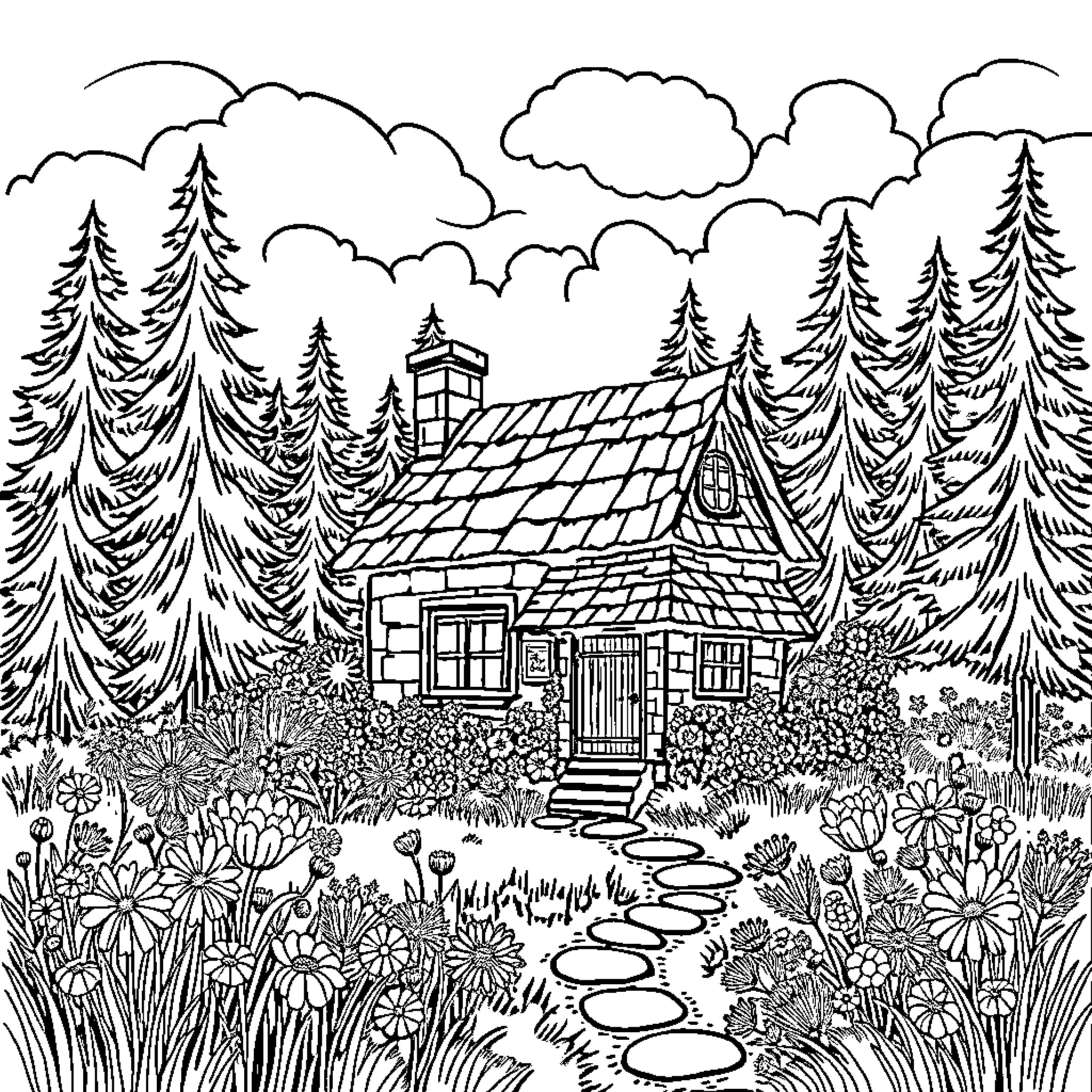 Cottage in a Serene Forest Landscape Coloring Page (free black-and-white line drawing printable PDF for all, from beginners to advanced learners, including children, teens, adults, and seniors)