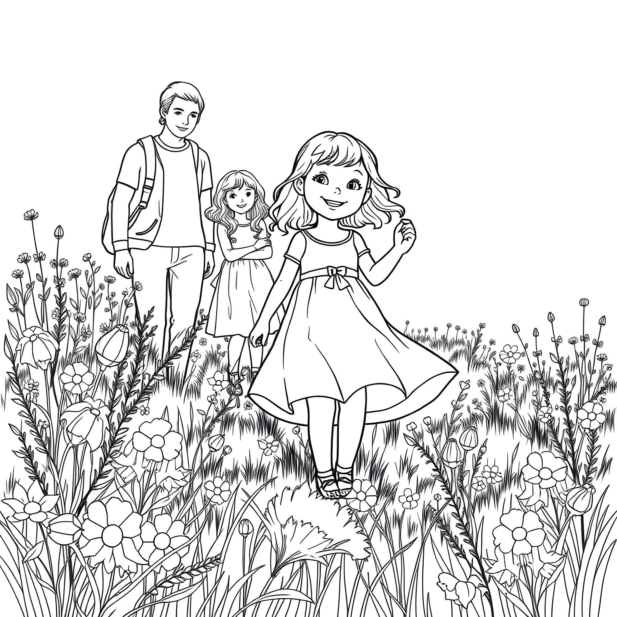 Girl explores the whimsical garden with her friend Coloring Page (free black-and-white line drawing printable PDF for all, from beginners to advanced learners, including children, teens, adults, and seniors)