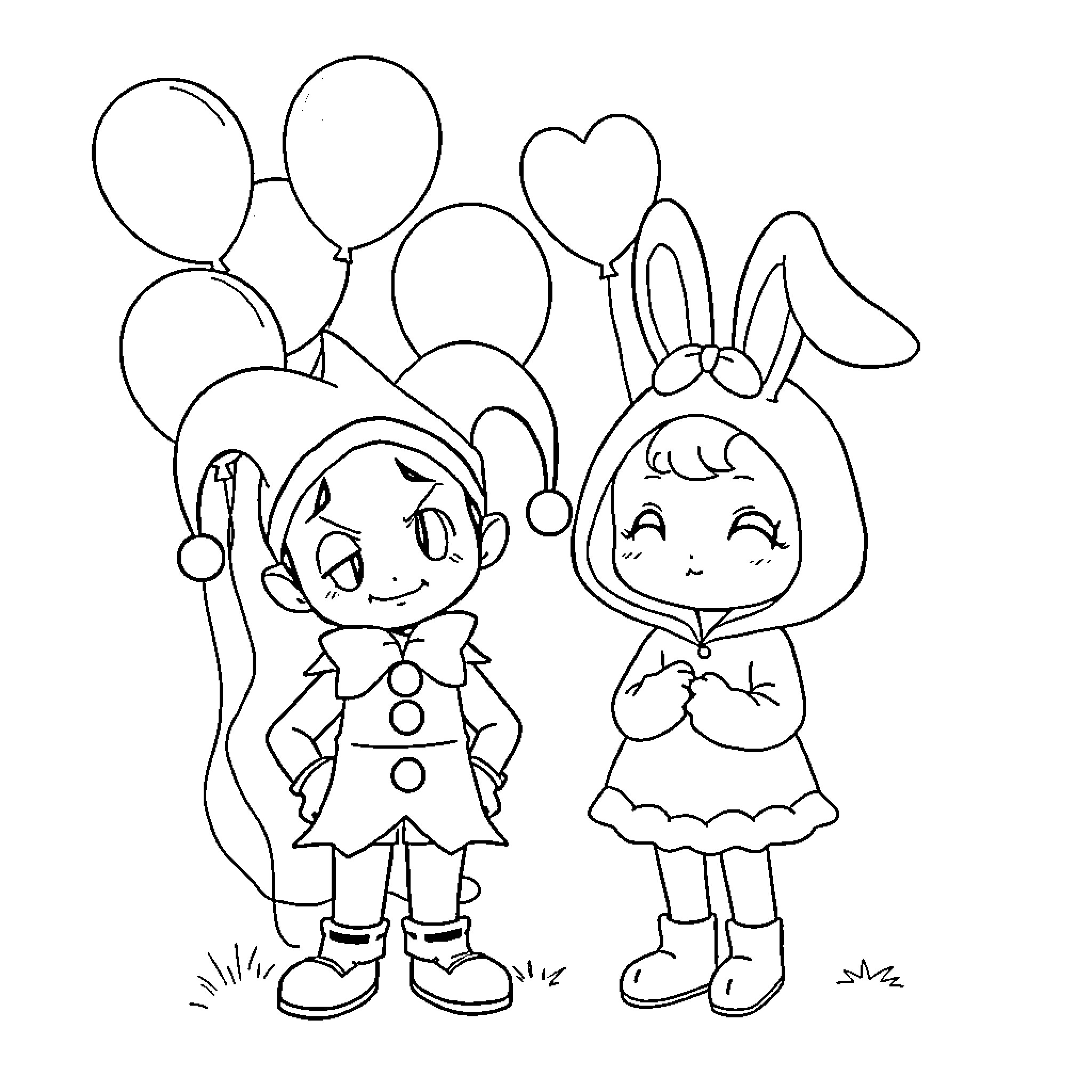 Kuromi and her friend with balloons Coloring Page (free black-and-white line drawing printable PDF for all, from beginners to advanced learners, including children, teens, adults, and seniors)