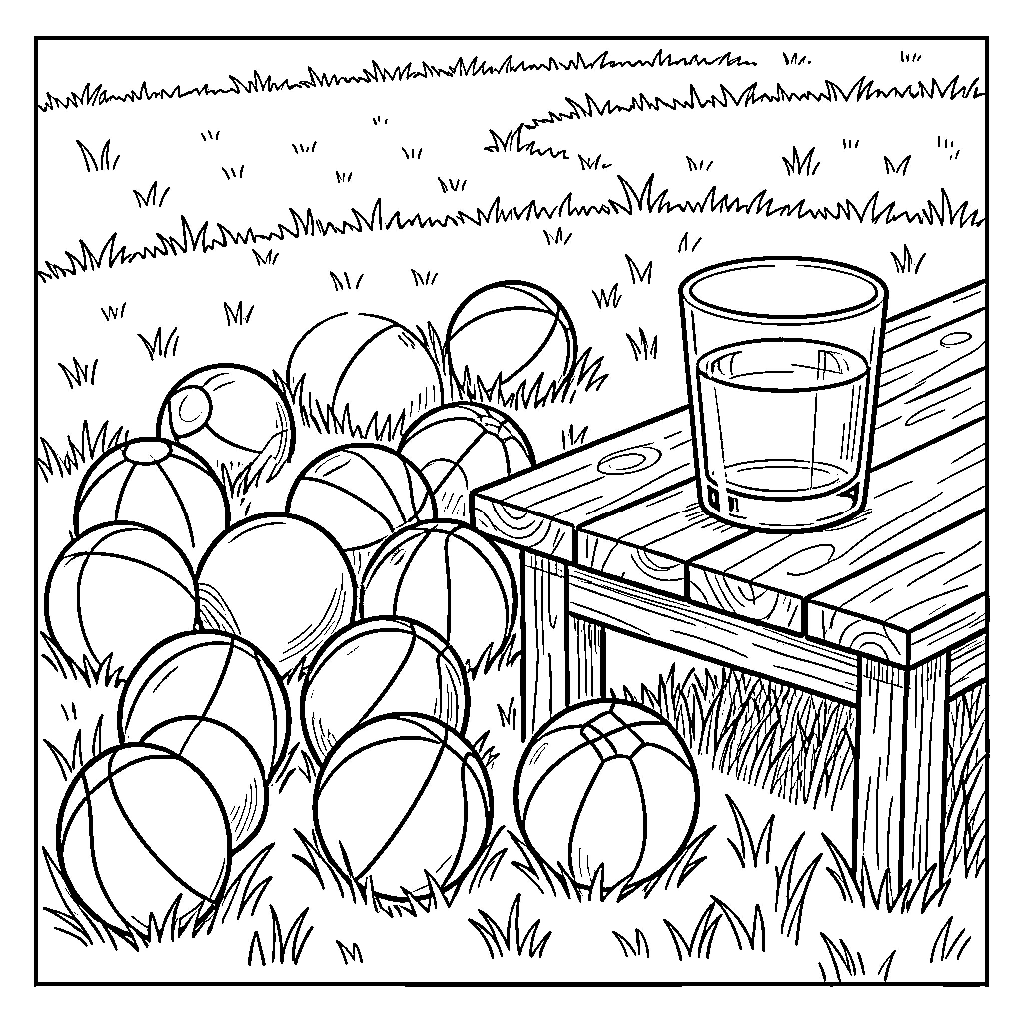 Ball Party in the Grass with Refreshment Coloring Page (free black-and-white line drawing printable PDF for all, from beginners to advanced learners, including children, teens, adults, and seniors)