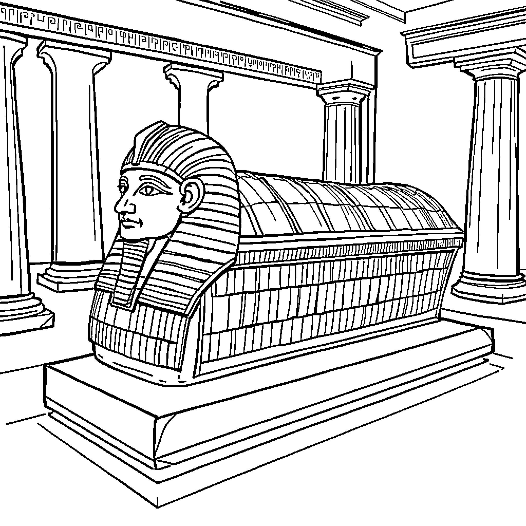 Pharaoh's sarcophagus in ancient Egyptian temple Coloring Page (free black-and-white line drawing printable PDF for all, from beginners to advanced learners, including children, teens, adults, and seniors)