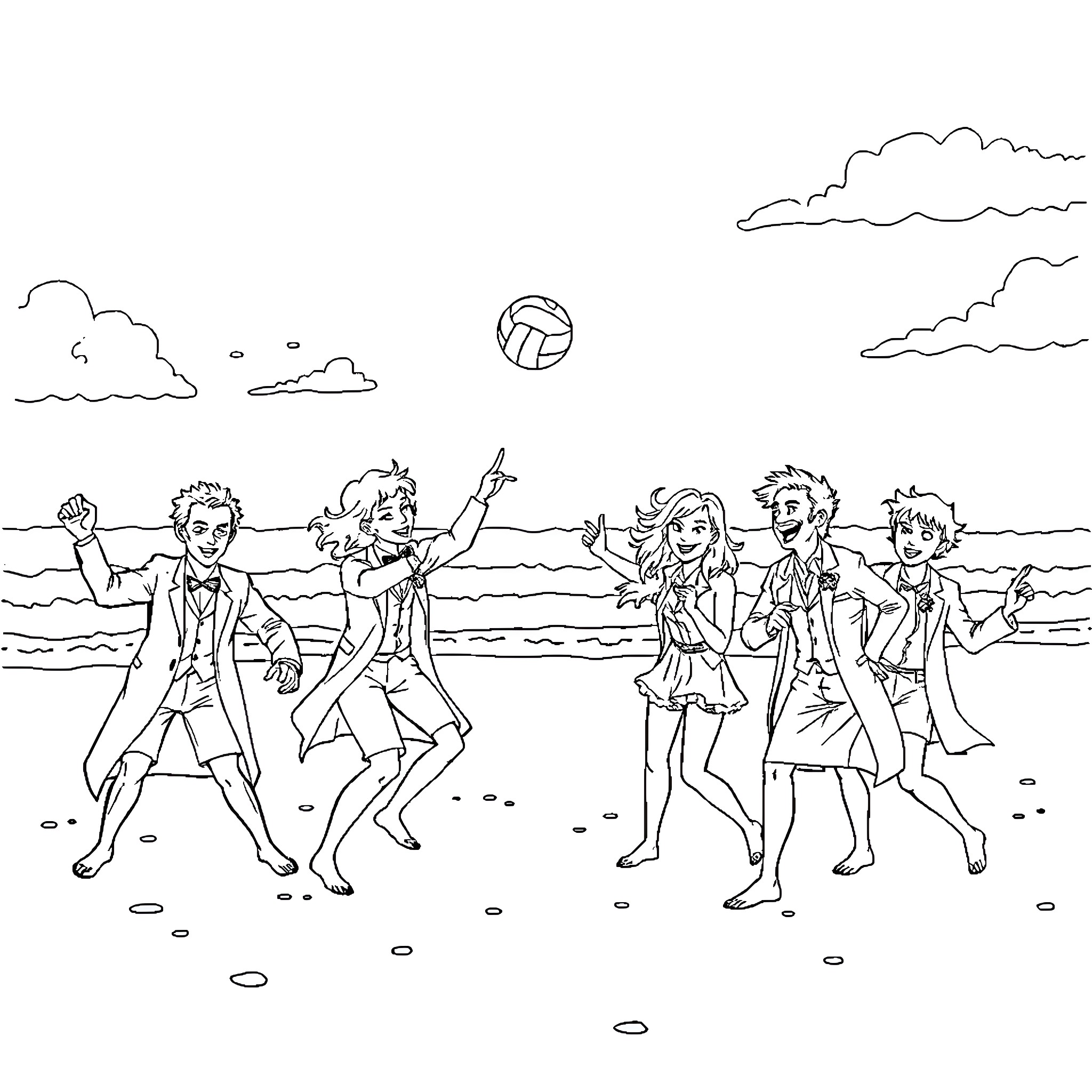 Doctor Who Characters Playing Beach Volleyball Coloring Page (free black-and-white line drawing printable PDF for all, from beginners to advanced learners, including children, teens, adults, and seniors)