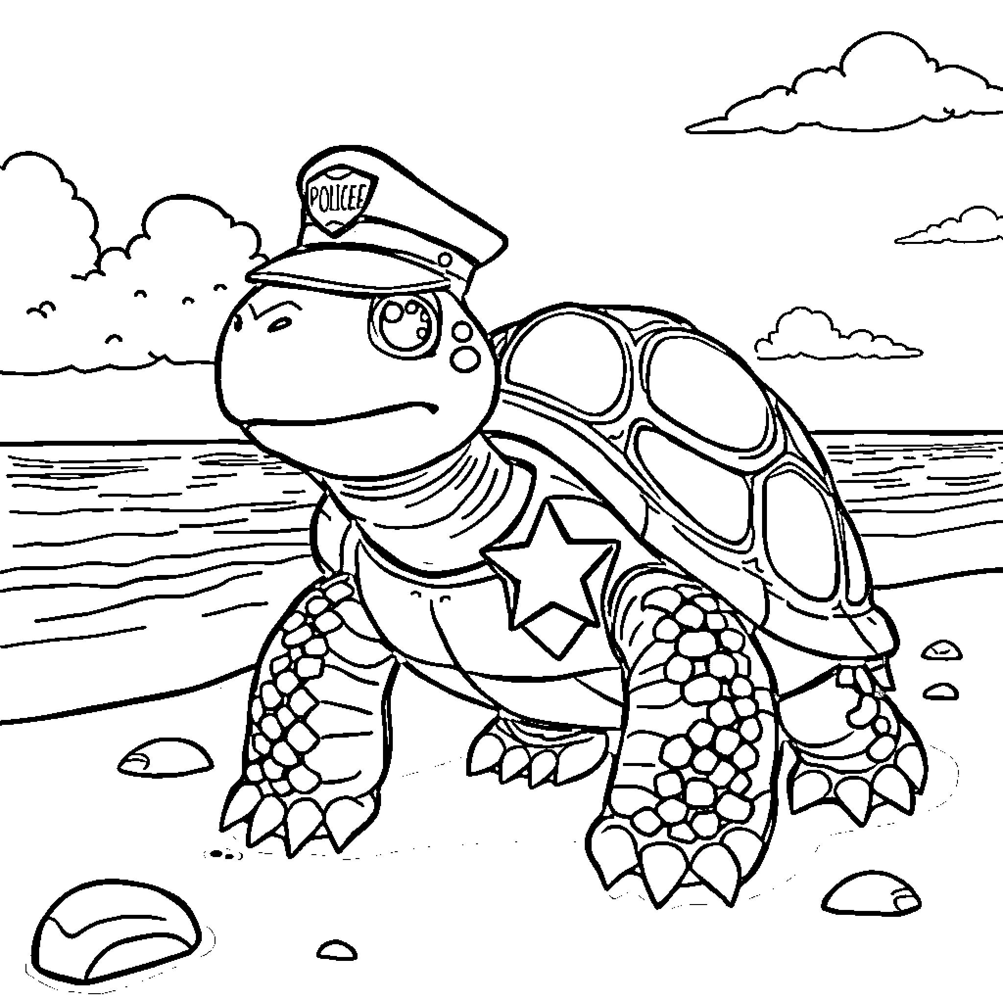 Turtle dressed as a police officer on the beach Coloring Page (free black-and-white line drawing printable PDF for all, from beginners to advanced learners, including children, teens, adults, and seniors)