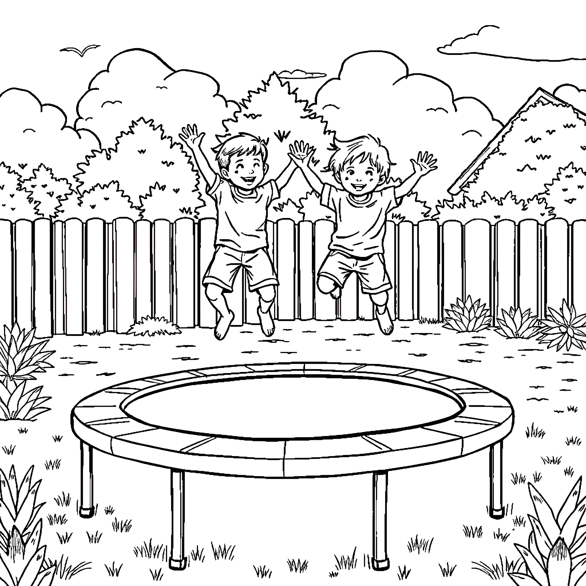 Brother's Joyful Jumping on Trampoline Coloring Page (free black-and-white line drawing printable PDF for all, from beginners to advanced learners, including children, teens, adults, and seniors)