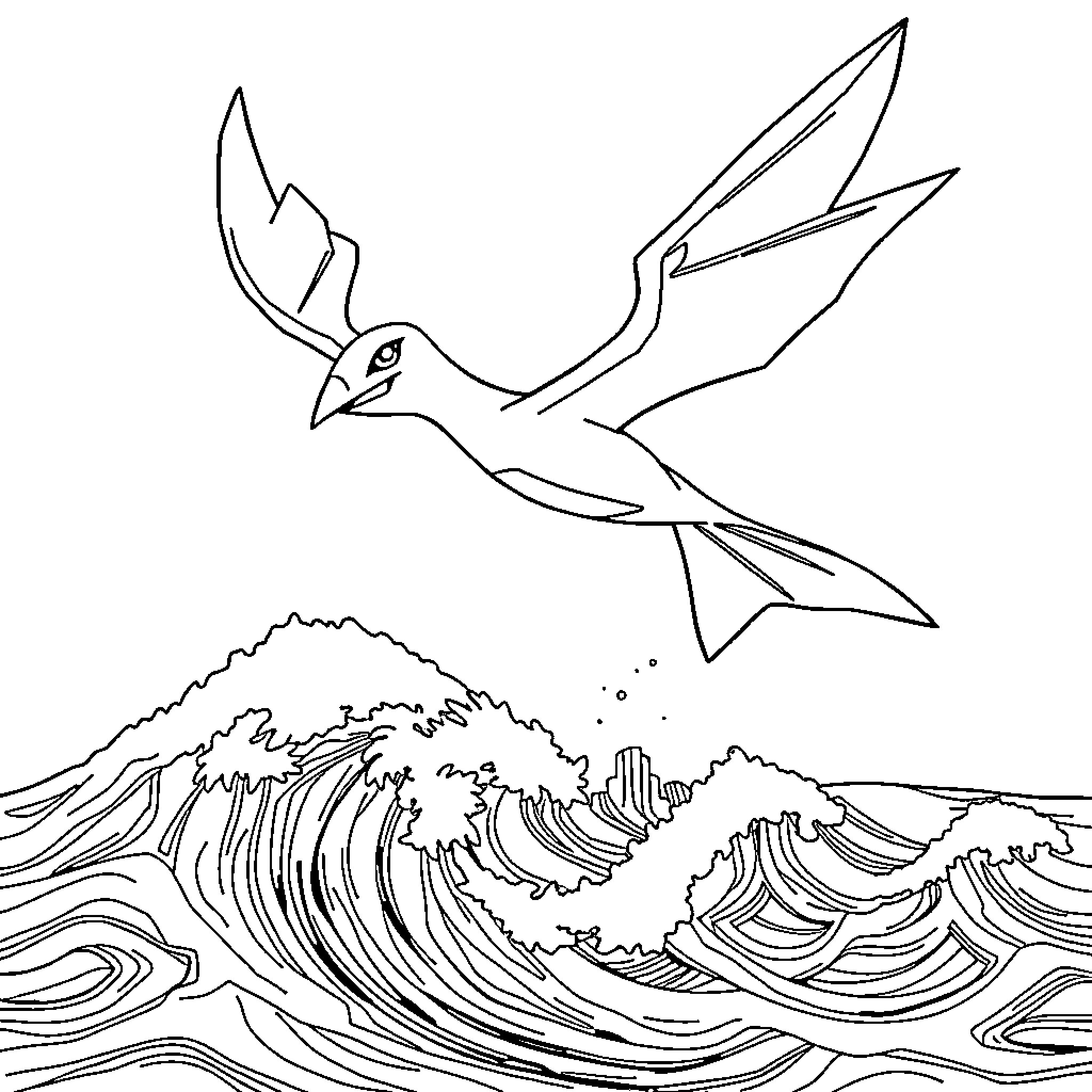 Lugia soaring above the crashing waves Coloring Page (free black-and-white line drawing printable PDF for all, from beginners to advanced learners, including children, teens, adults, and seniors)