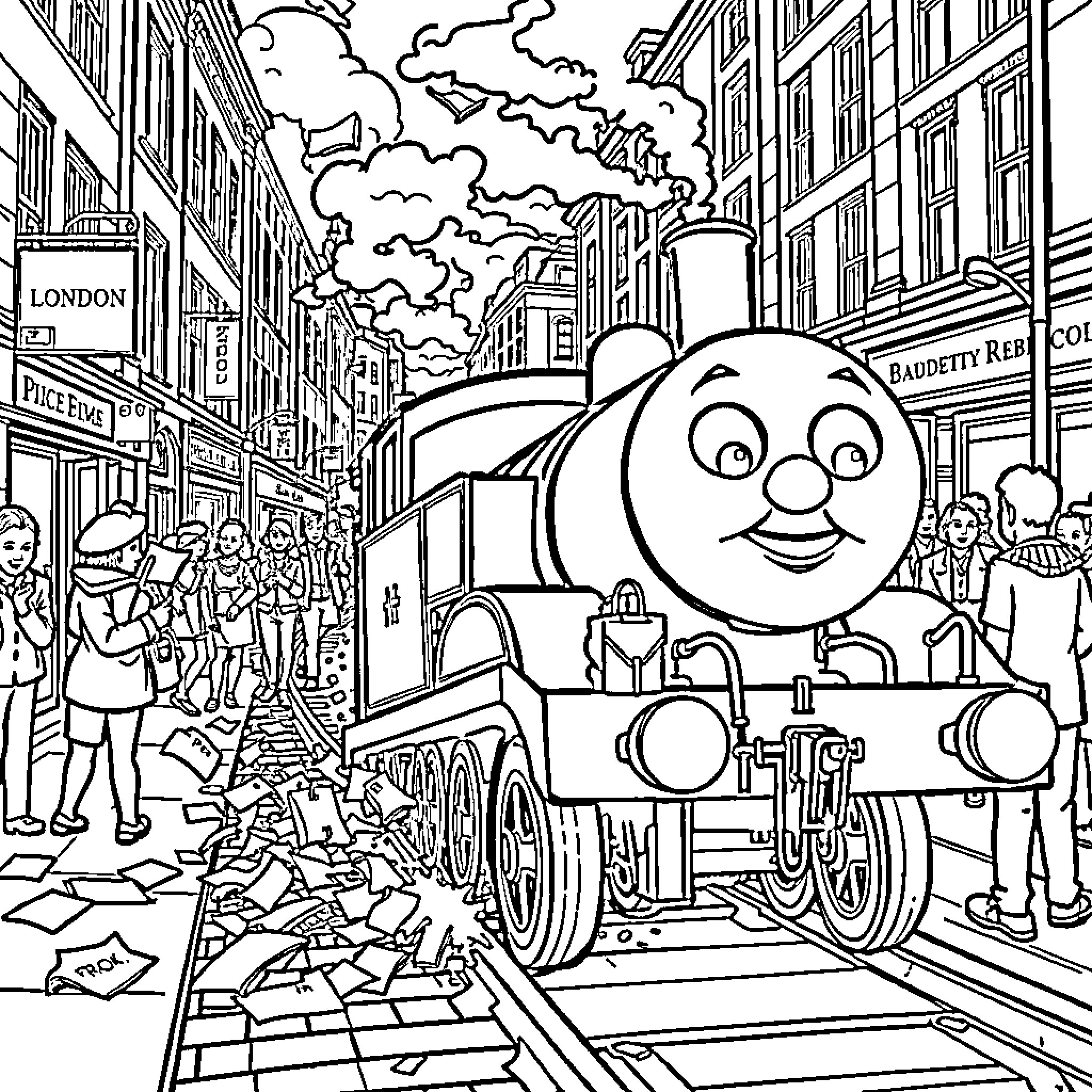 Thomas and the Busy City Street Coloring Page (free black-and-white line drawing printable PDF for all, from beginners to advanced learners, including children, teens, adults, and seniors)