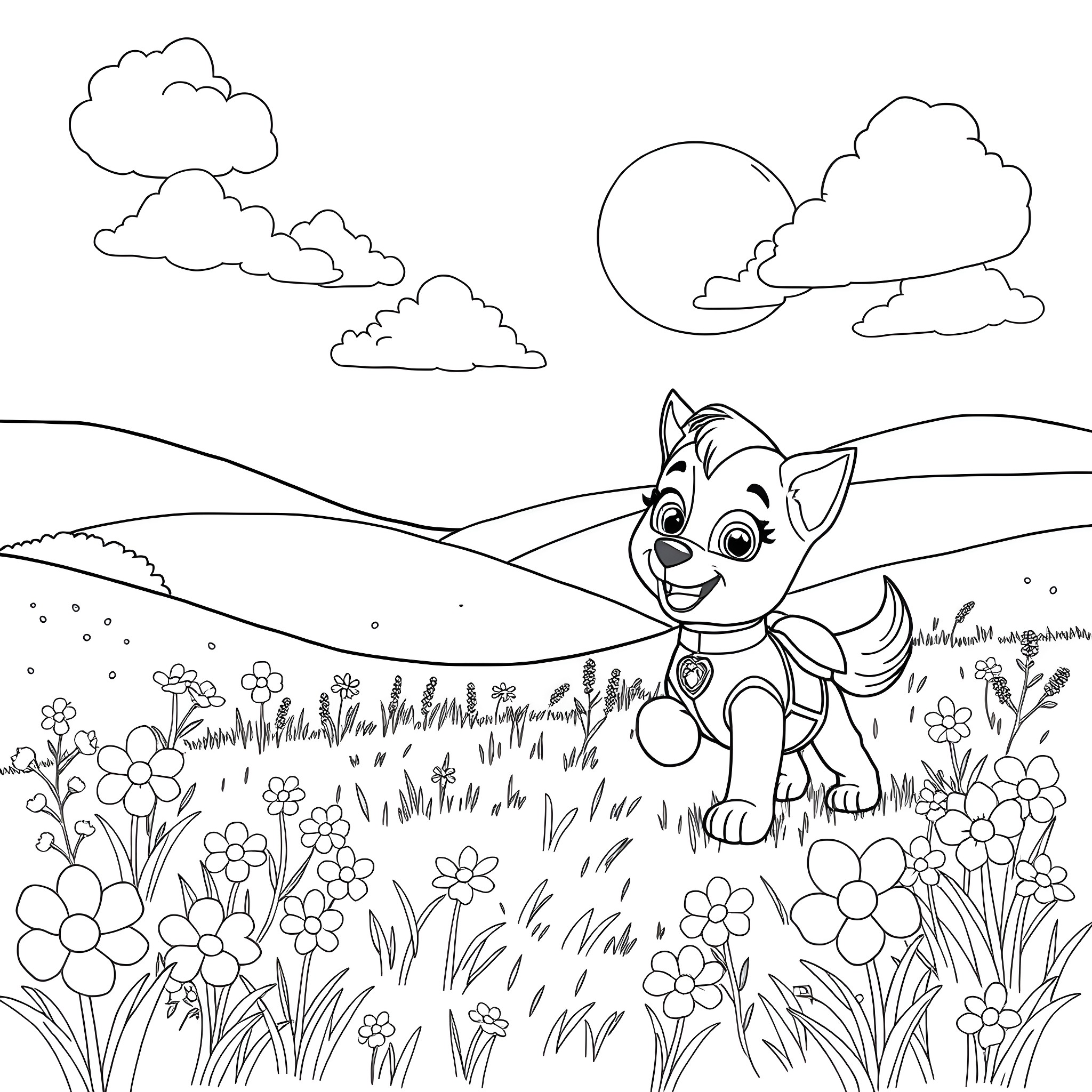 Skye's Playful Adventure in the Meadow Coloring Page (free black-and-white line drawing printable PDF for all, from beginners to advanced learners, including children, teens, adults, and seniors)