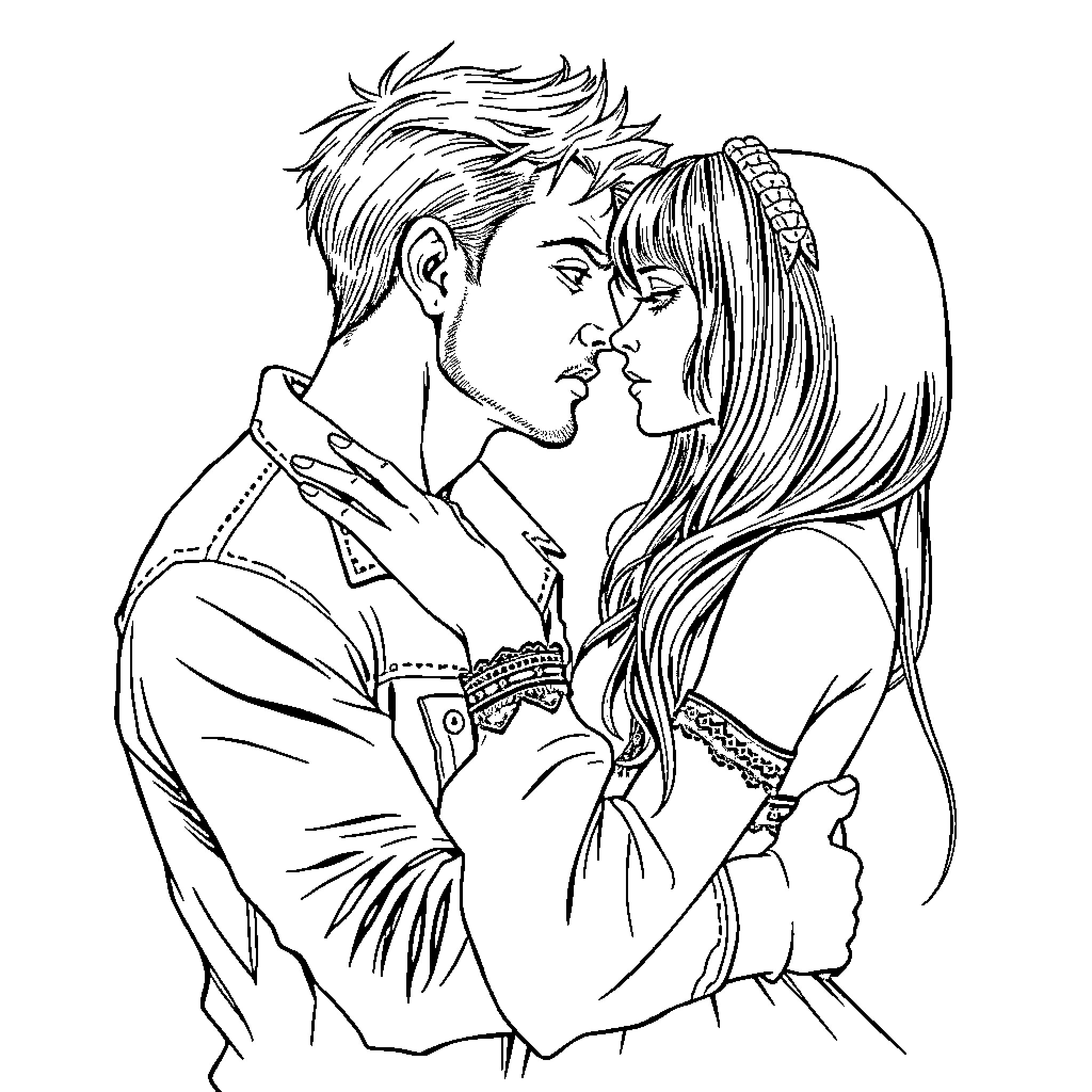Goth Girl's Intimate Moment with Her Partner Coloring Page (free black-and-white line drawing printable PDF for all, from beginners to advanced learners, including children, teens, adults, and seniors)