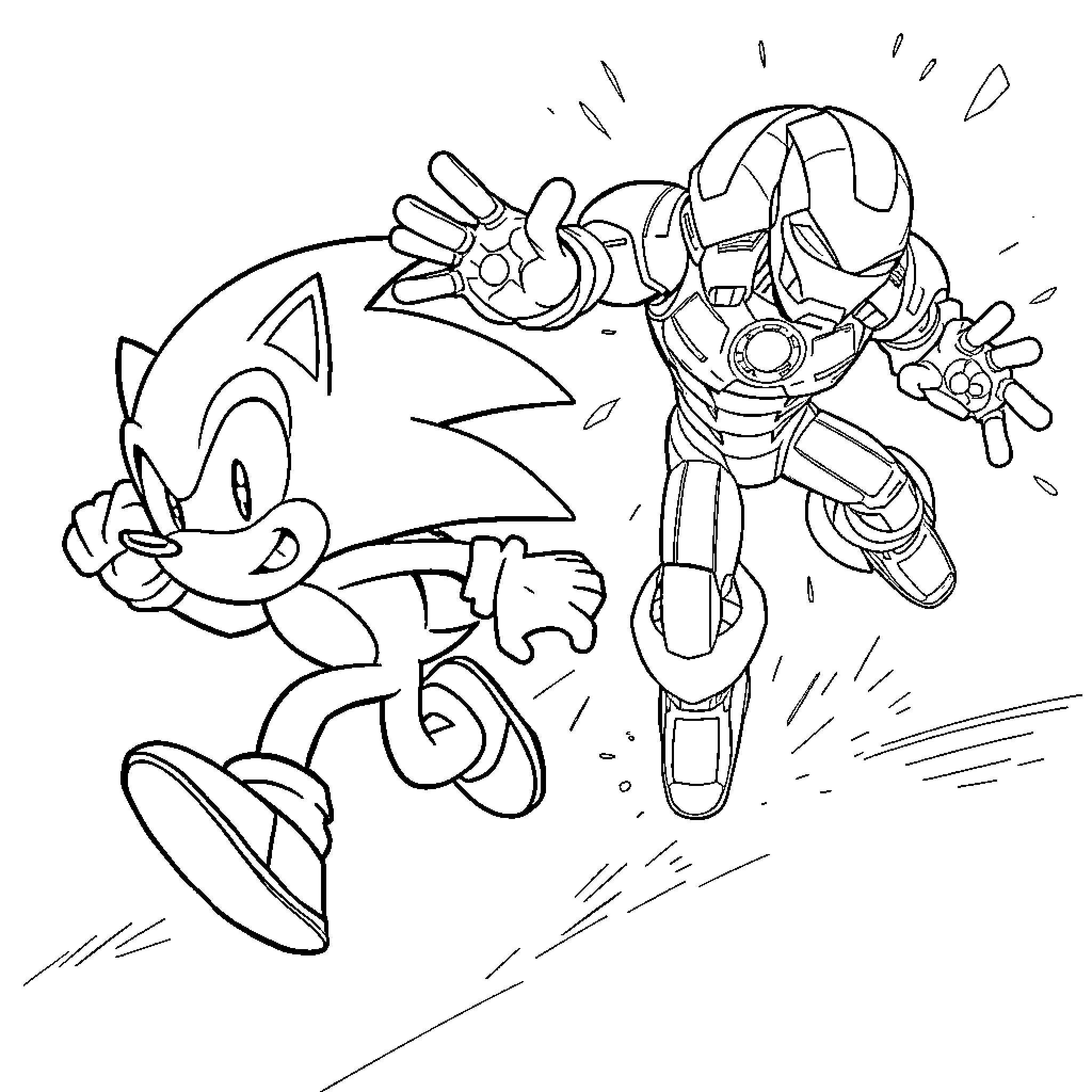 Sonic fighting against a robotic foe in action Coloring Page (free black-and-white line drawing printable PDF for all, from beginners to advanced learners, including children, teens, adults, and seniors)