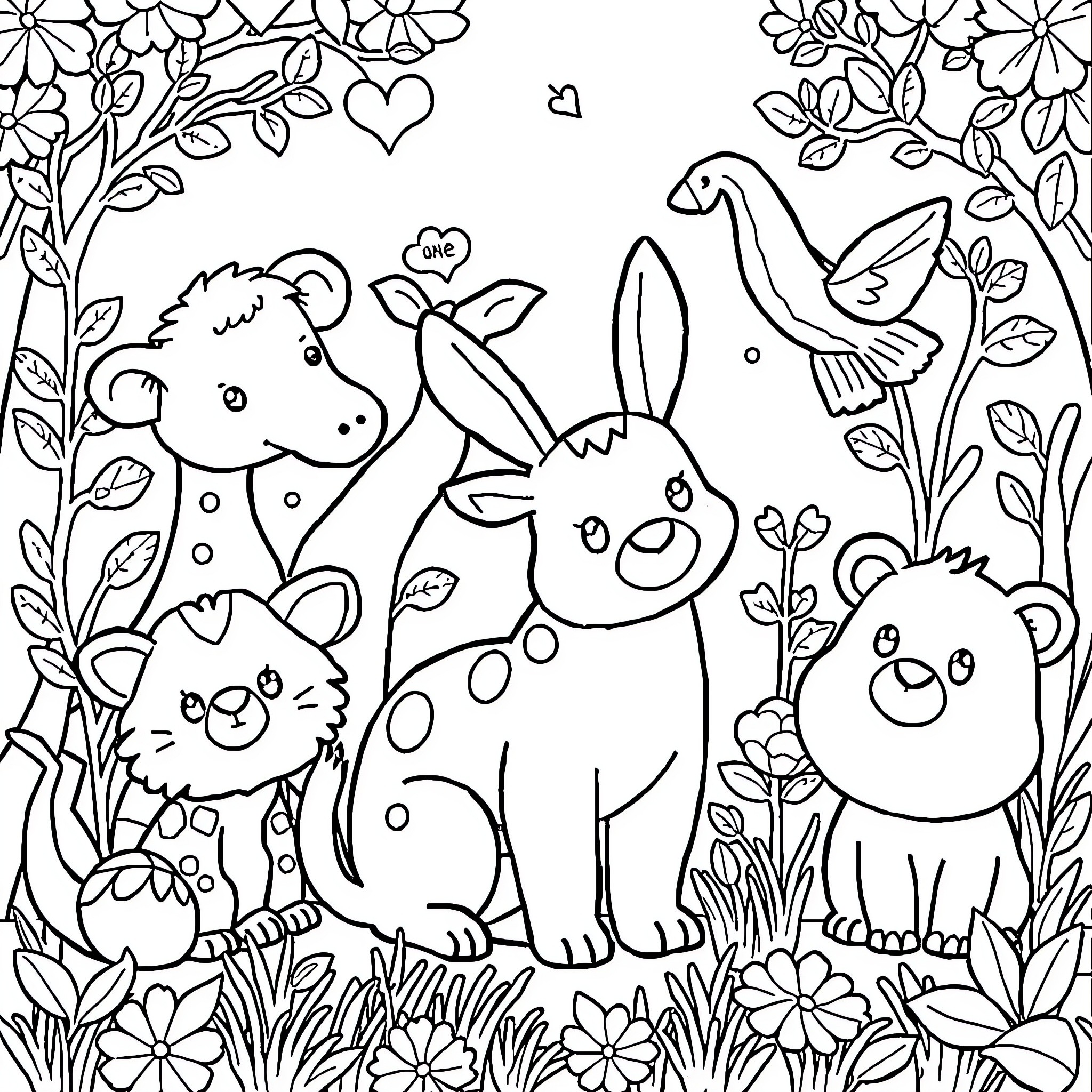 Animal friends playing happily in the garden Coloring Page (free black-and-white line drawing printable PDF for all, from beginners to advanced learners, including children, teens, adults, and seniors)