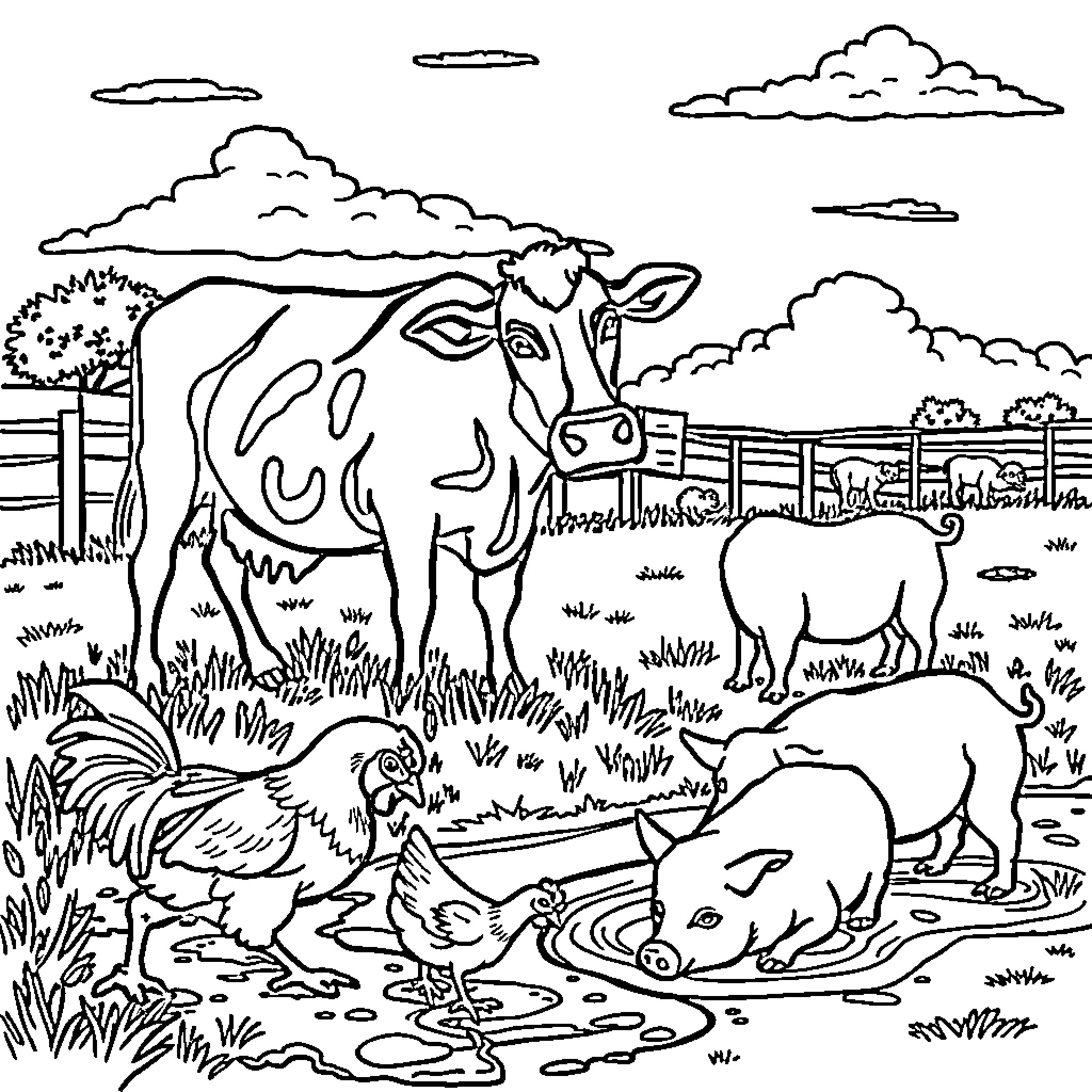 Farm Animal Scenes with Barnyard Creatures Coloring Page (free black-and-white line drawing printable PDF for all, from beginners to advanced learners, including children, teens, adults, and seniors)