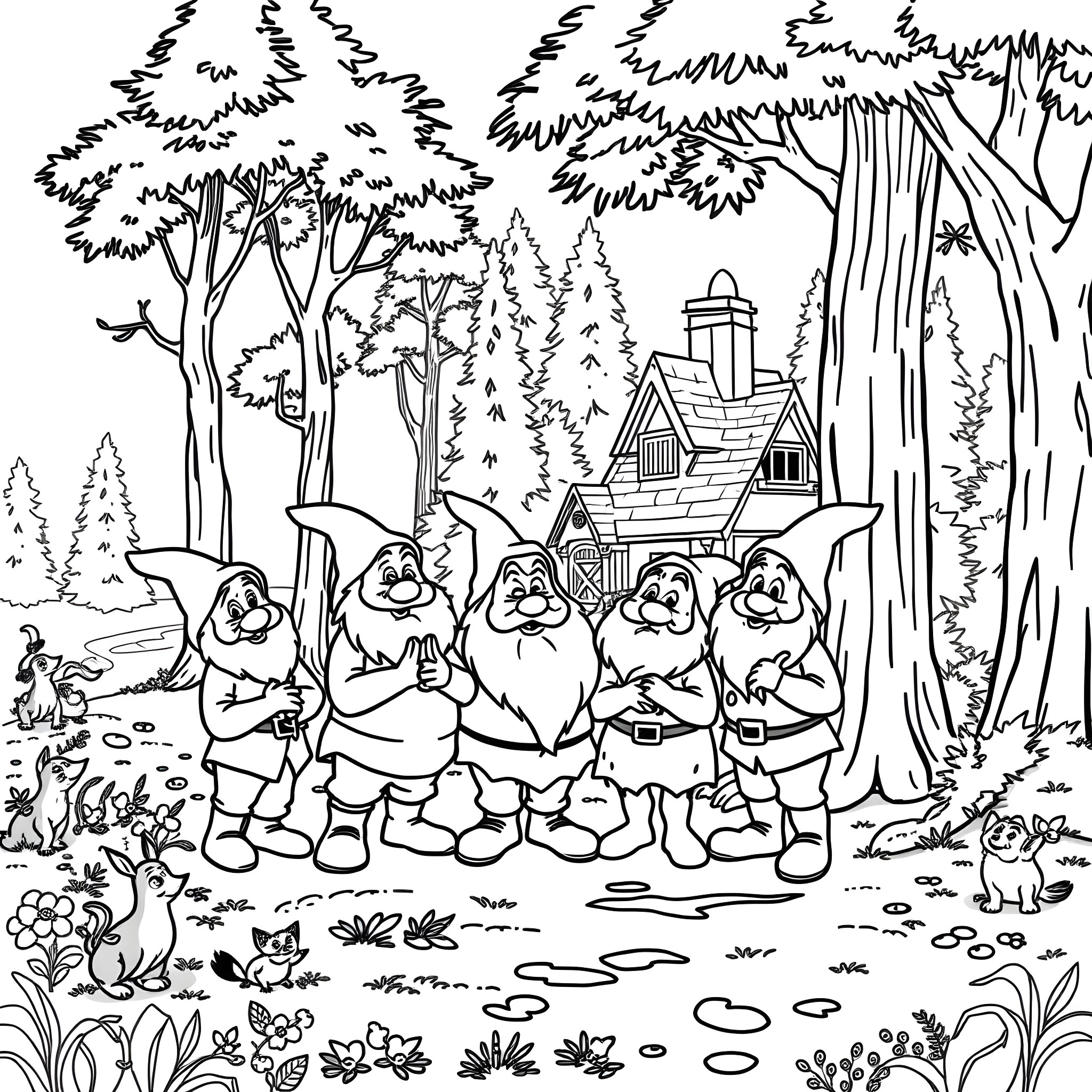 Dwarf workers in the enchanted forest Coloring Page (free black-and-white line drawing printable PDF for all, from beginners to advanced learners, including children, teens, adults, and seniors)