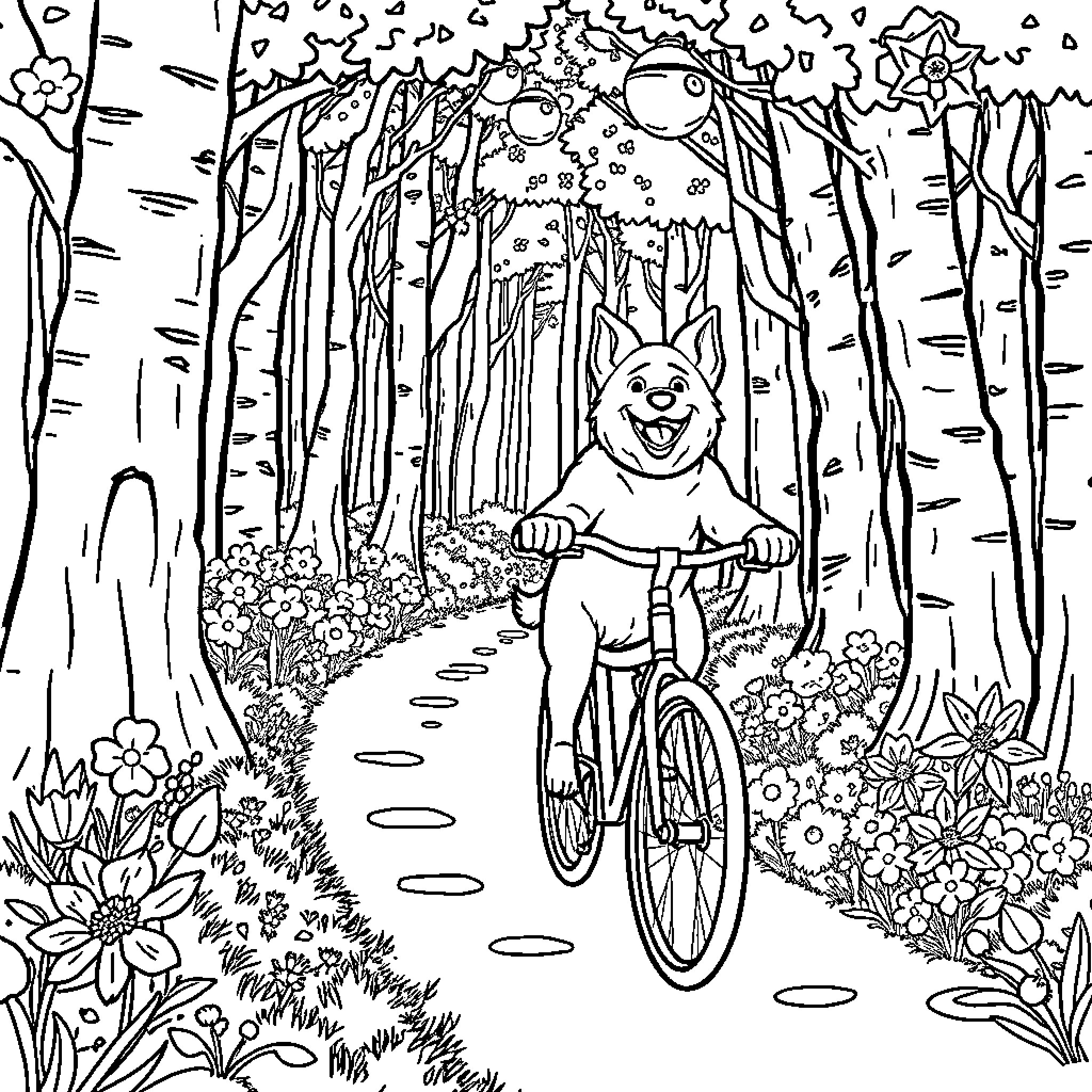 Dog Riding Bicycle Through Floral Forest Coloring Page (free black-and-white line drawing printable PDF for all, from beginners to advanced learners, including children, teens, adults, and seniors)