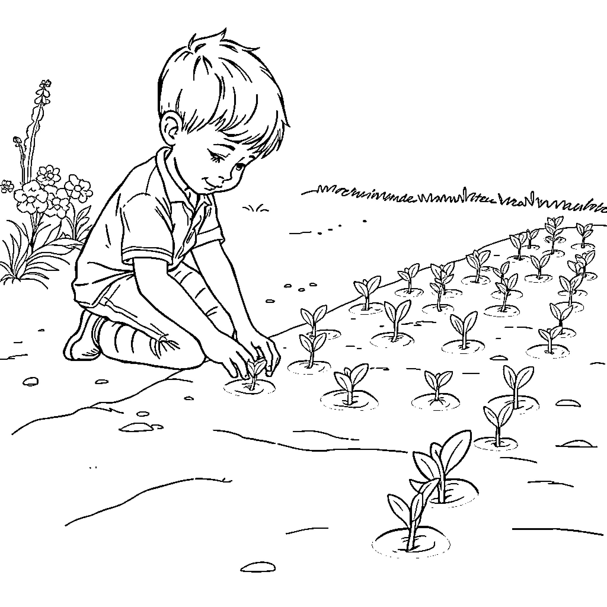 Boy tending to garden of plants Coloring Page (free black-and-white line drawing printable PDF for all, from beginners to advanced learners, including children, teens, adults, and seniors)