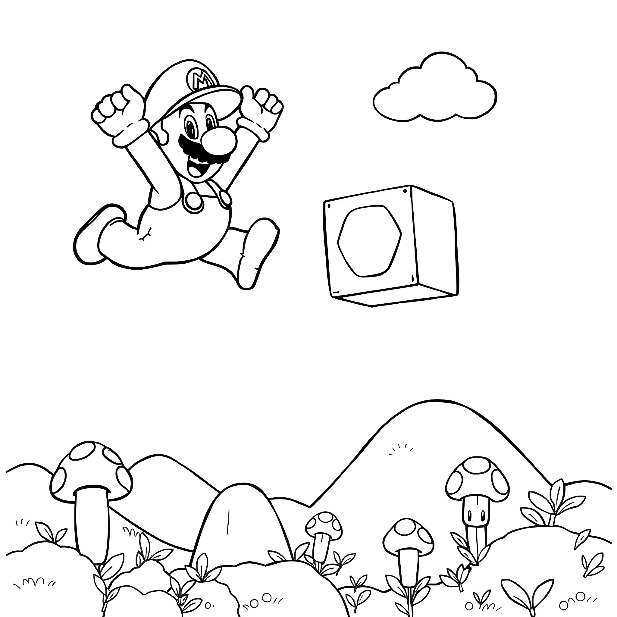 Mario Jumping Happily with Mushroom Blocks Coloring Page (free black-and-white line drawing printable PDF for all, from beginners to advanced learners, including children, teens, adults, and seniors)