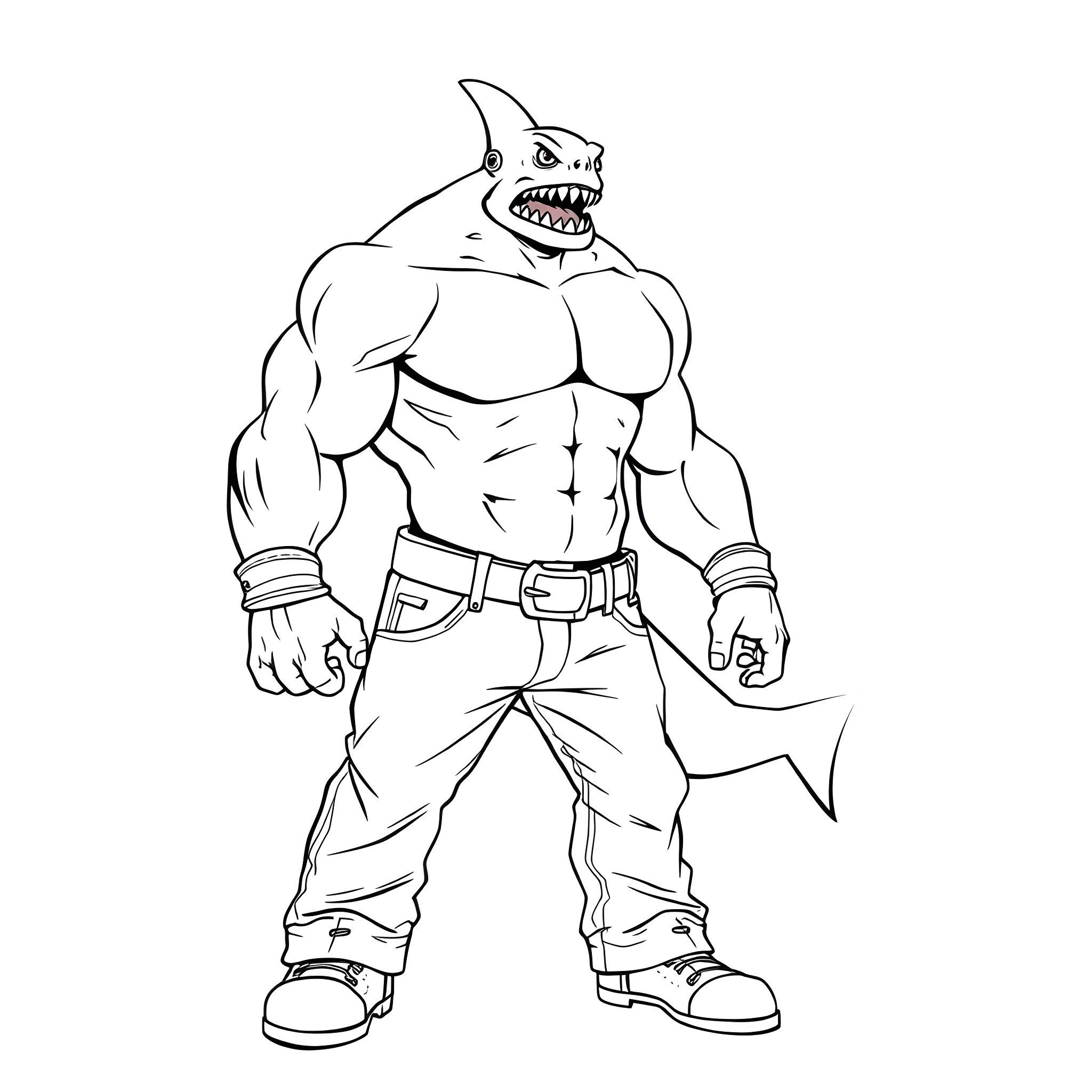 Shark-like monster showing its muscles Coloring Page (free black-and-white line drawing printable PDF for all, from beginners to advanced learners, including children, teens, adults, and seniors)